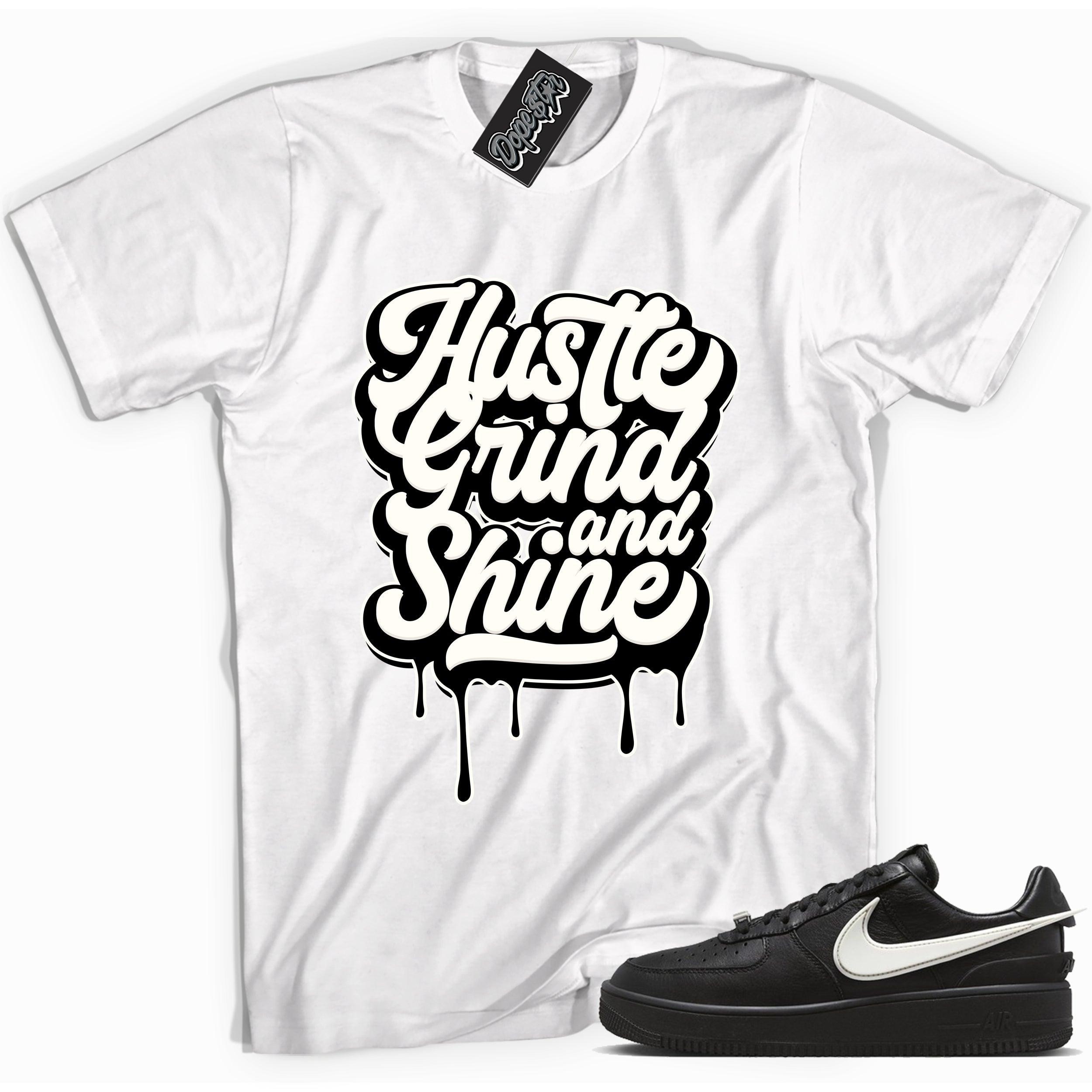 Cool white graphic tee with 'hustle grind and shine ' print, that perfectly matches Nike Air Force 1 Low SP Ambush Phantom sneakers.