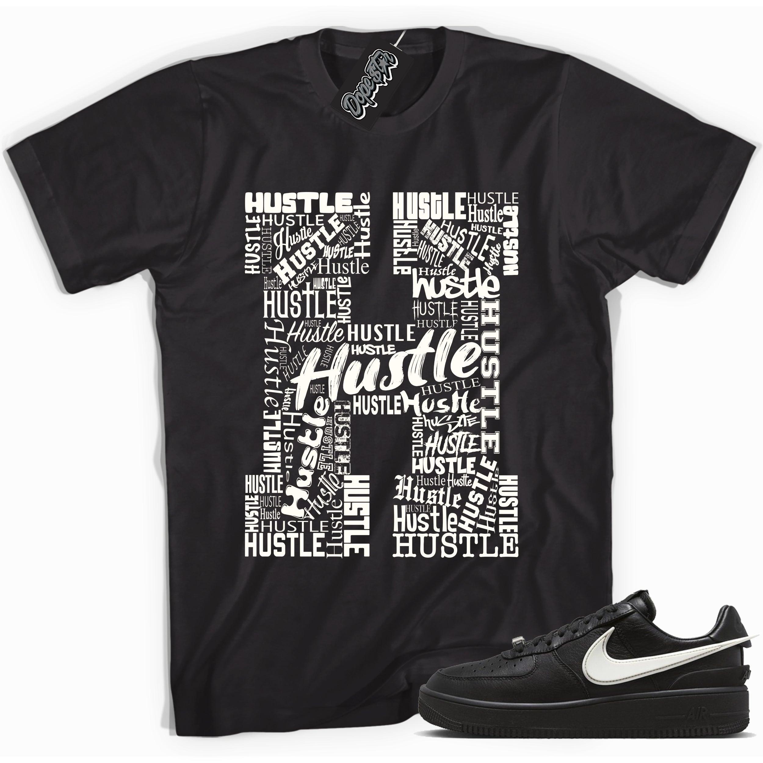 Cool black graphic tee with 'h is for hustle' print, that perfectly matches Nike Air Force 1 Low SP Ambush Phantom sneakers.