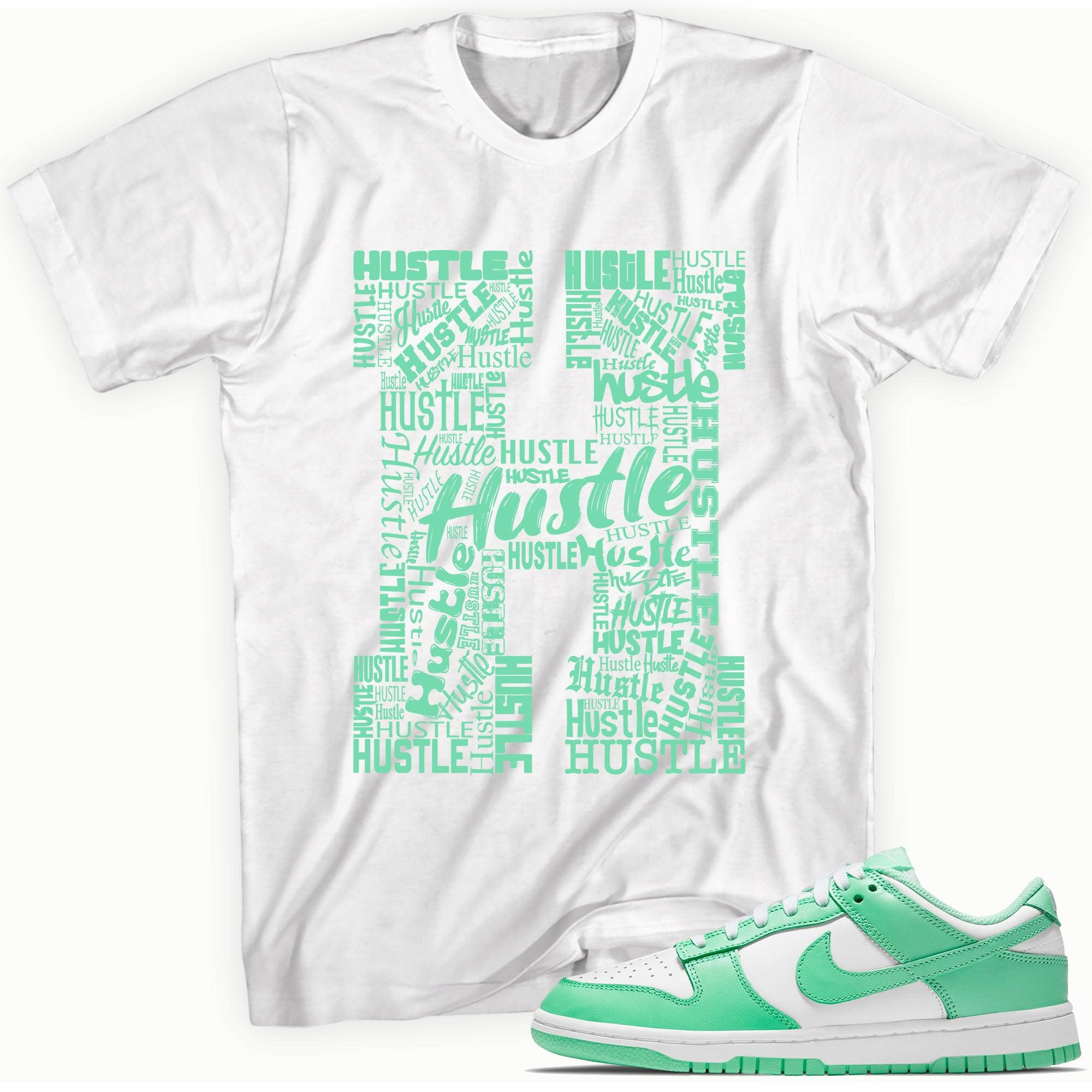 Cool White graphic tee with “ Hustle H ” print, that perfectly matches Nike Dunk Green Glow sneakers 
