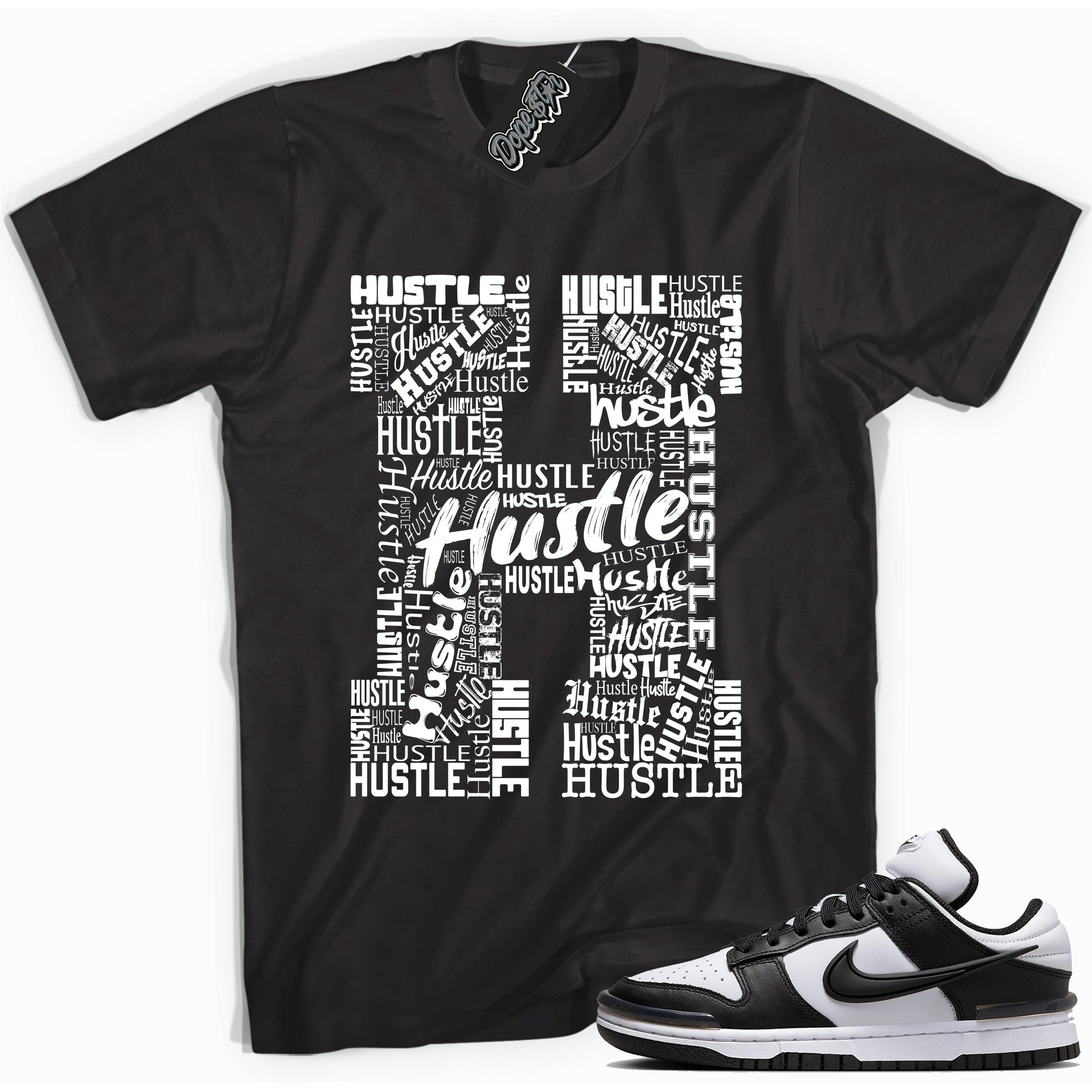 Cool black graphic tee with 'hustle' print, that perfectly matches Nike Dunk Low Twist Panda sneakers.