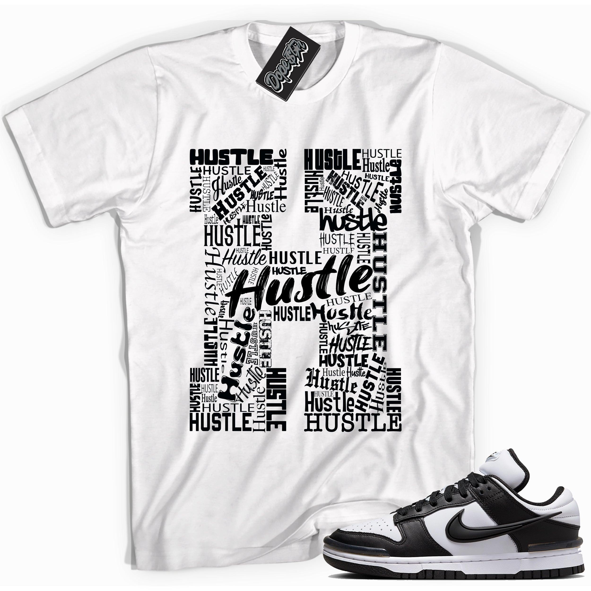 Cool white graphic tee with 'hustle' print, that perfectly matches Nike Dunk Low Twist Panda sneakers.