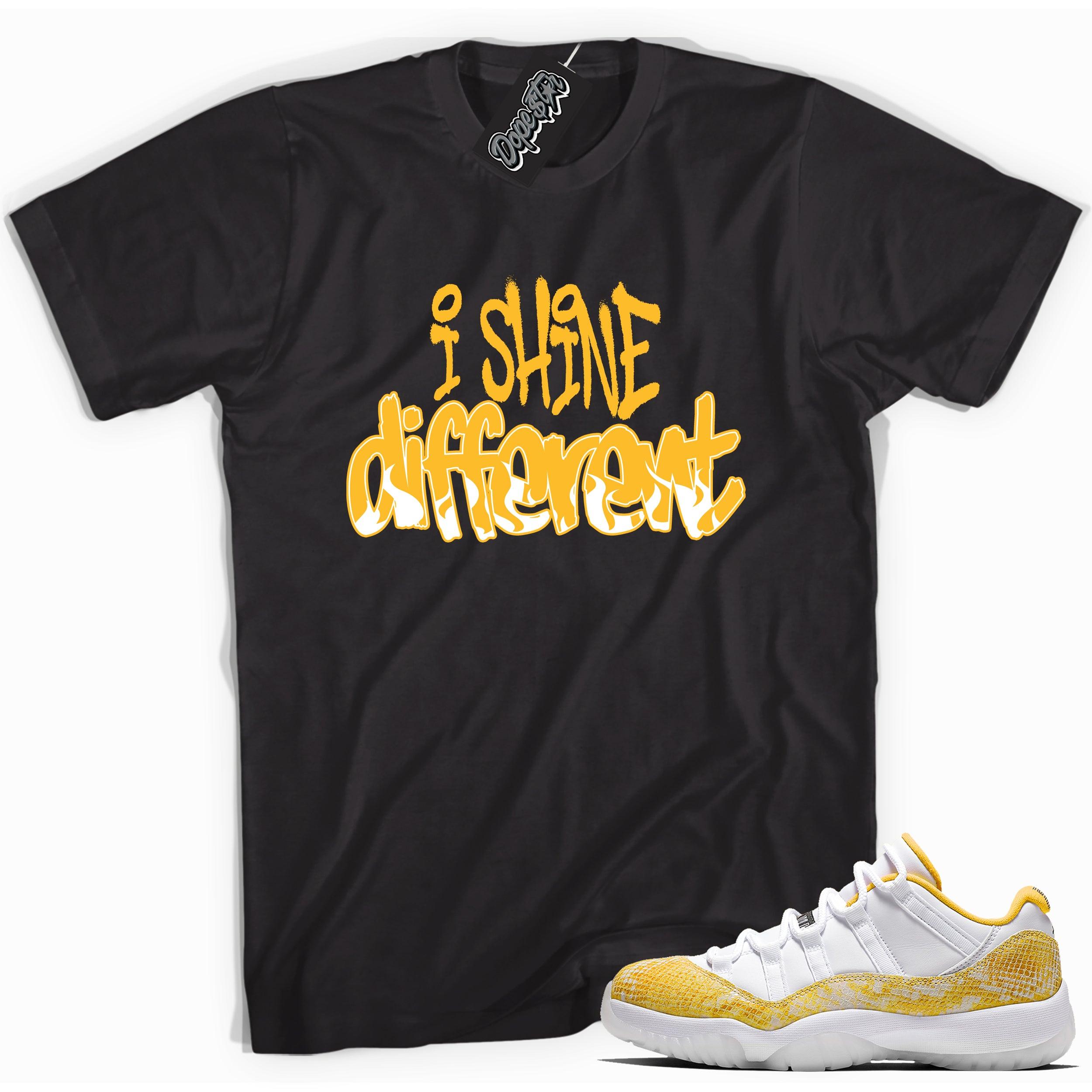 Cool black graphic tee with 'i shine different' print, that perfectly matches  Air Jordan 11 Low Yellow Snakeskin sneakers