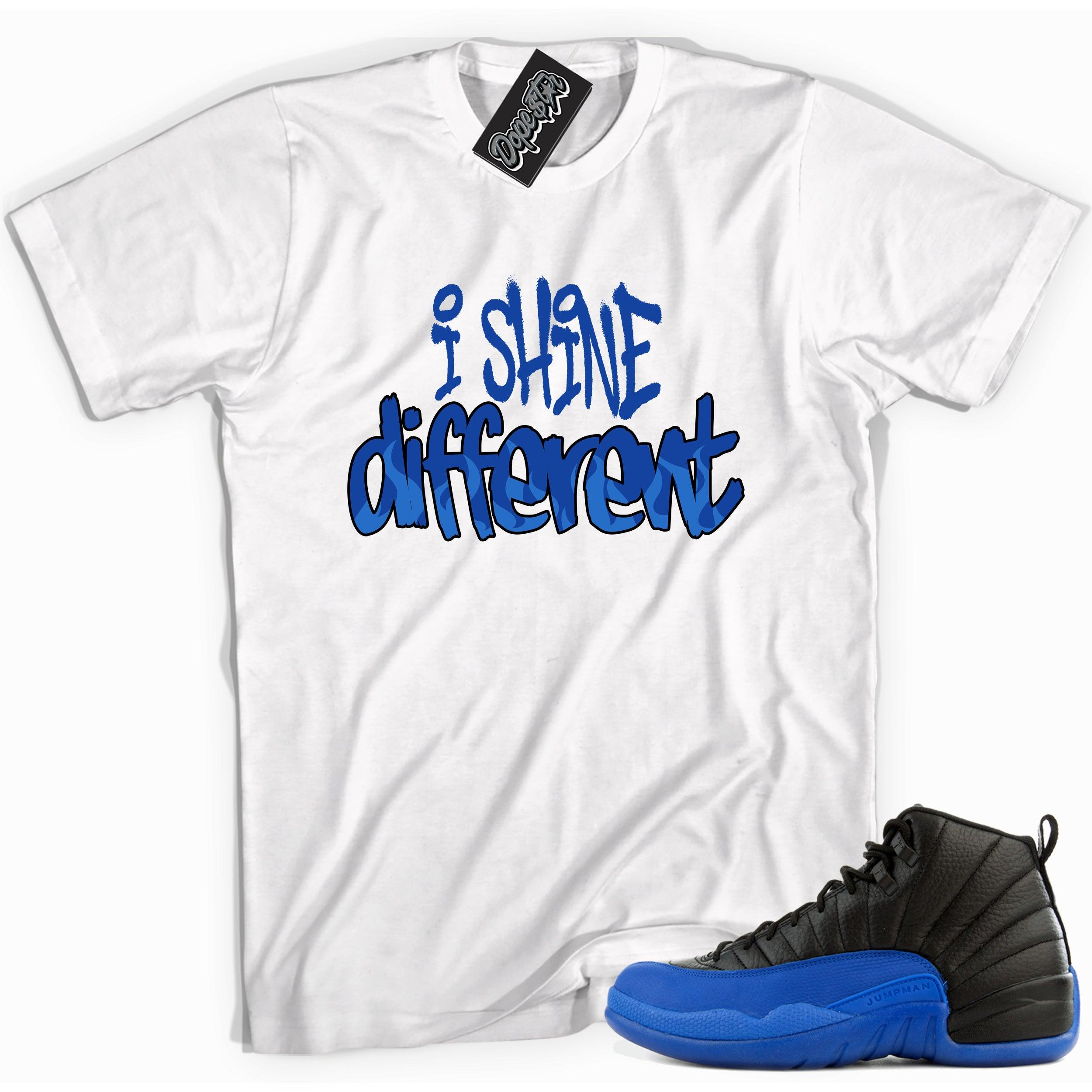 Cool white graphic tee with 'i shine different' print, that perfectly matches Air Jordan 12 Retro Black Game Royal sneakers.