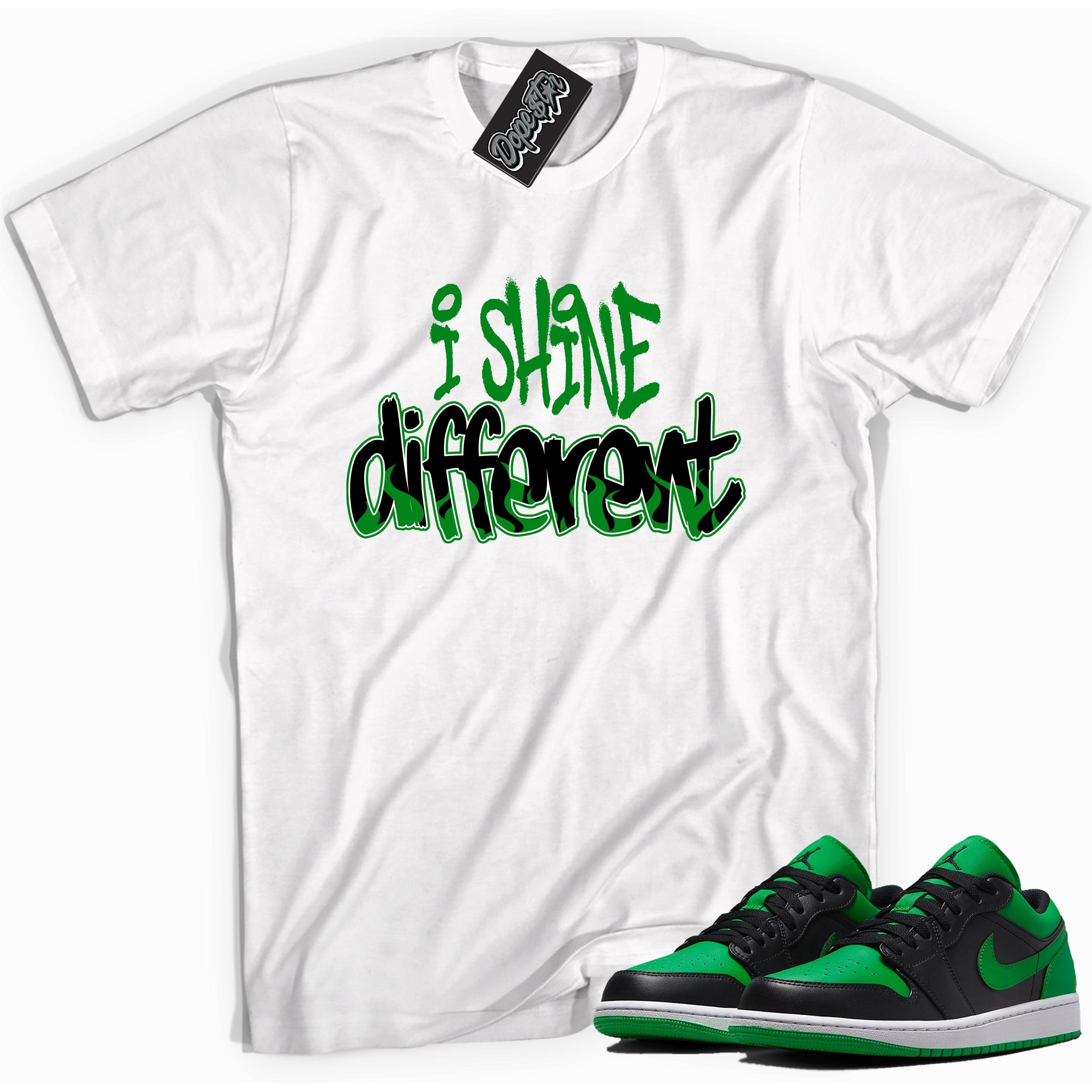 Cool white graphic tee with 'Shine Different' print, that perfectly matches Air Jordan 1 Low Lucky Green sneakers