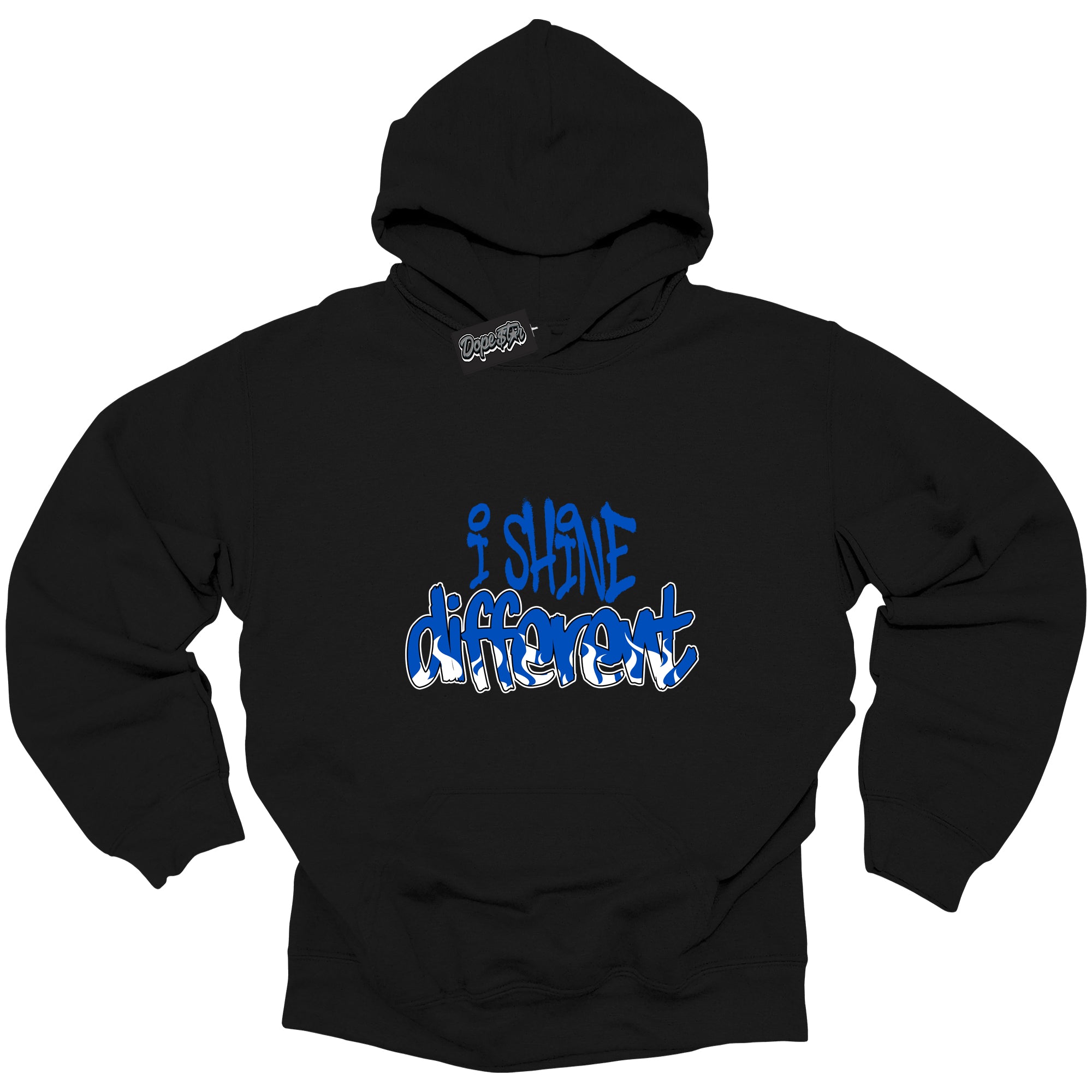 Cool Black Hoodie with “ I Shine Different ”  design that Perfectly Matches  Royal Reimagined 1s Sneakers.