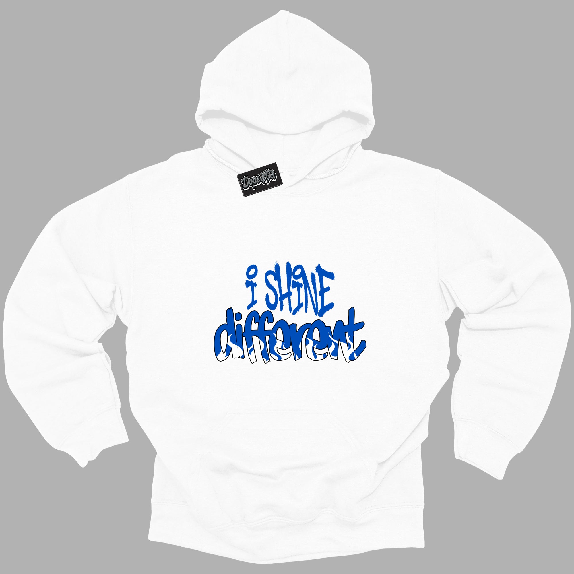 Cool White Hoodie with “ I Shine Different ”  design that Perfectly Matches Royal Reimagined 1s Sneakers.