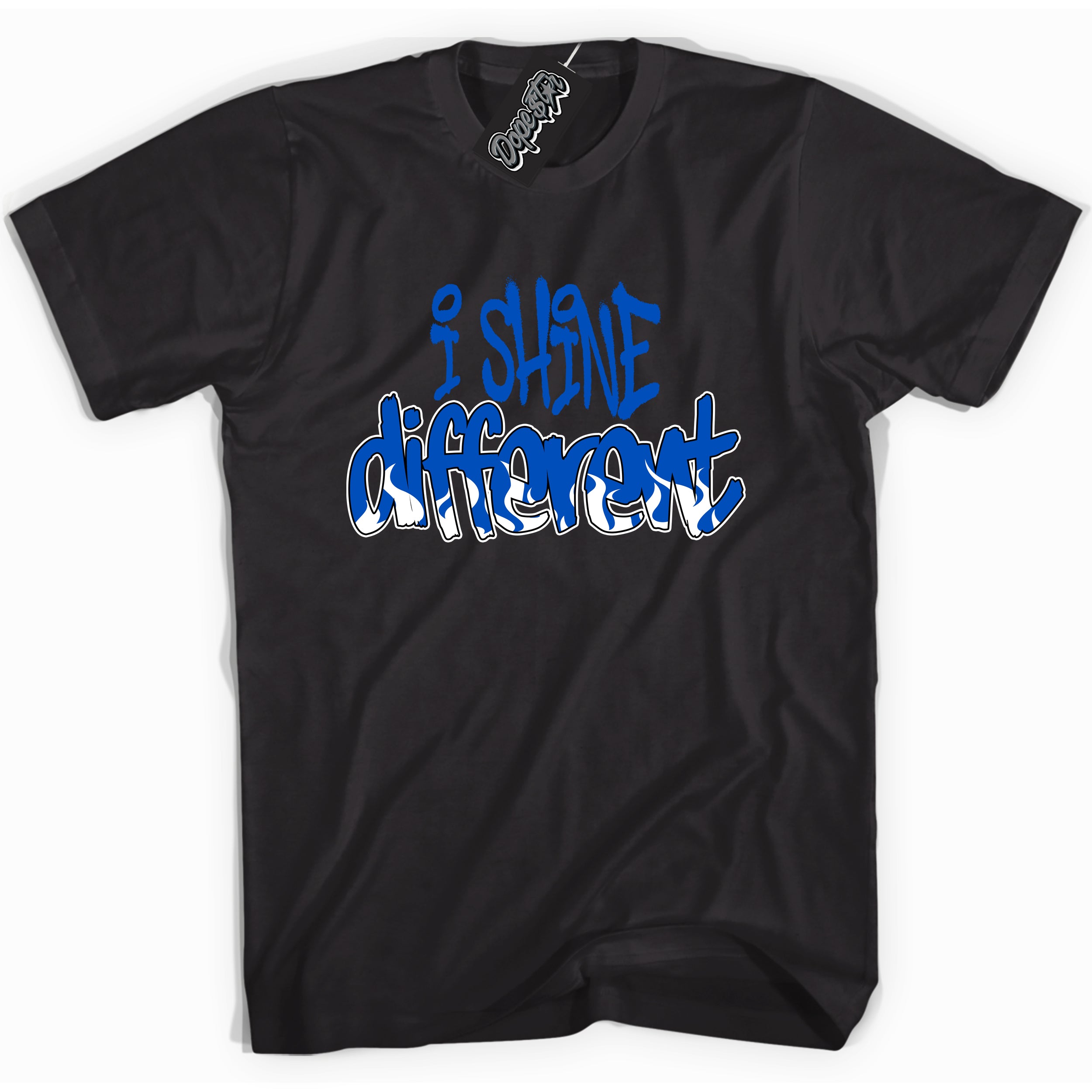 Cool Black graphic tee with I Shine Different print, that perfectly matches OG Royal Reimagined 1s sneakers 