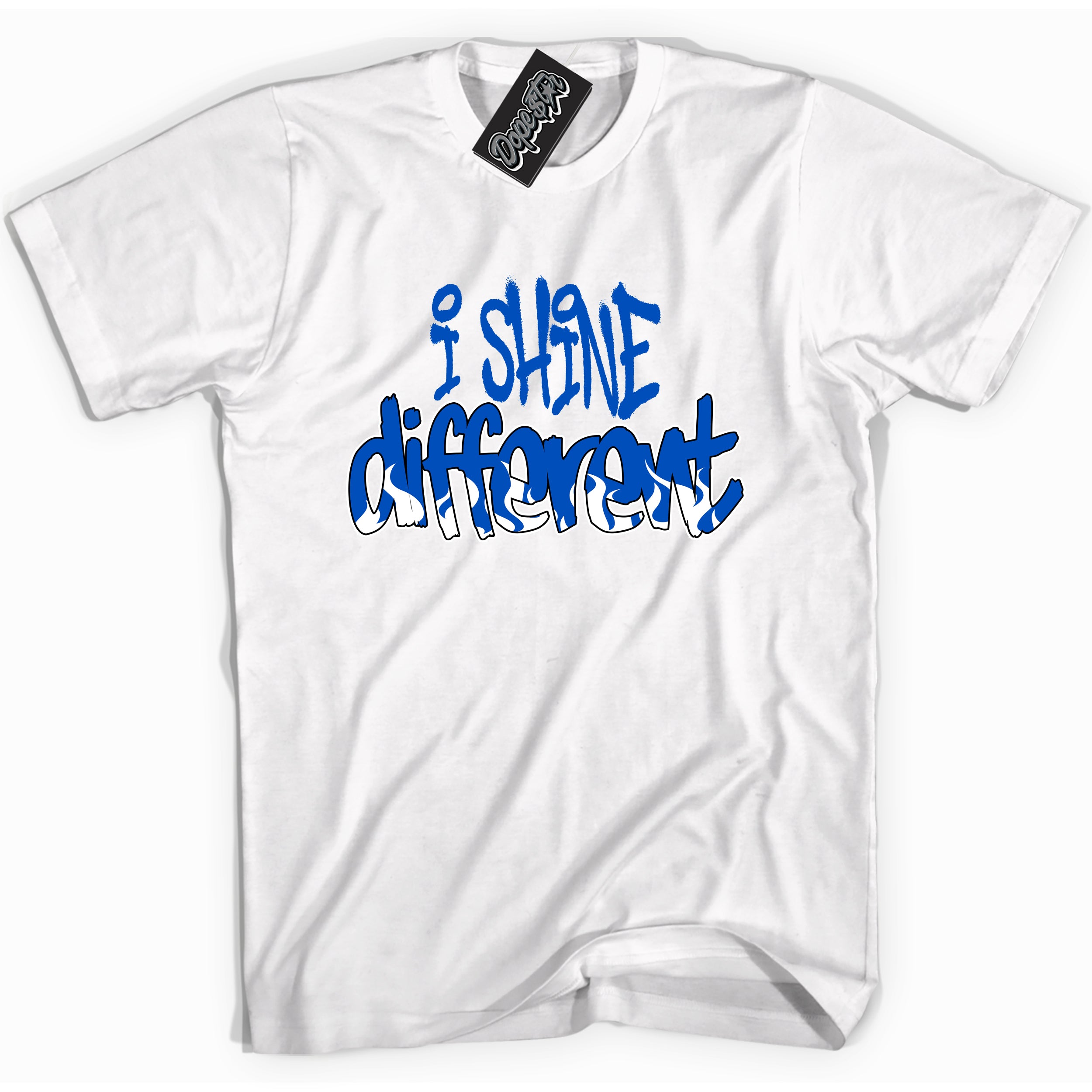 Cool White graphic tee with I Shine Different print, that perfectly matches OG Royal Reimagined 1s sneakers 