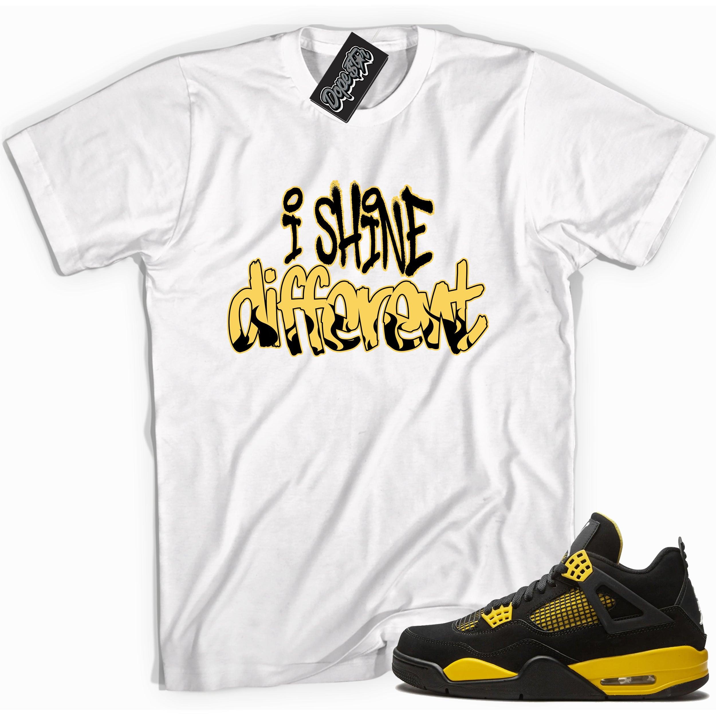 Cool white graphic tee with 'i shine different' print, that perfectly matches Air Jordan 4 Thunder sneakers