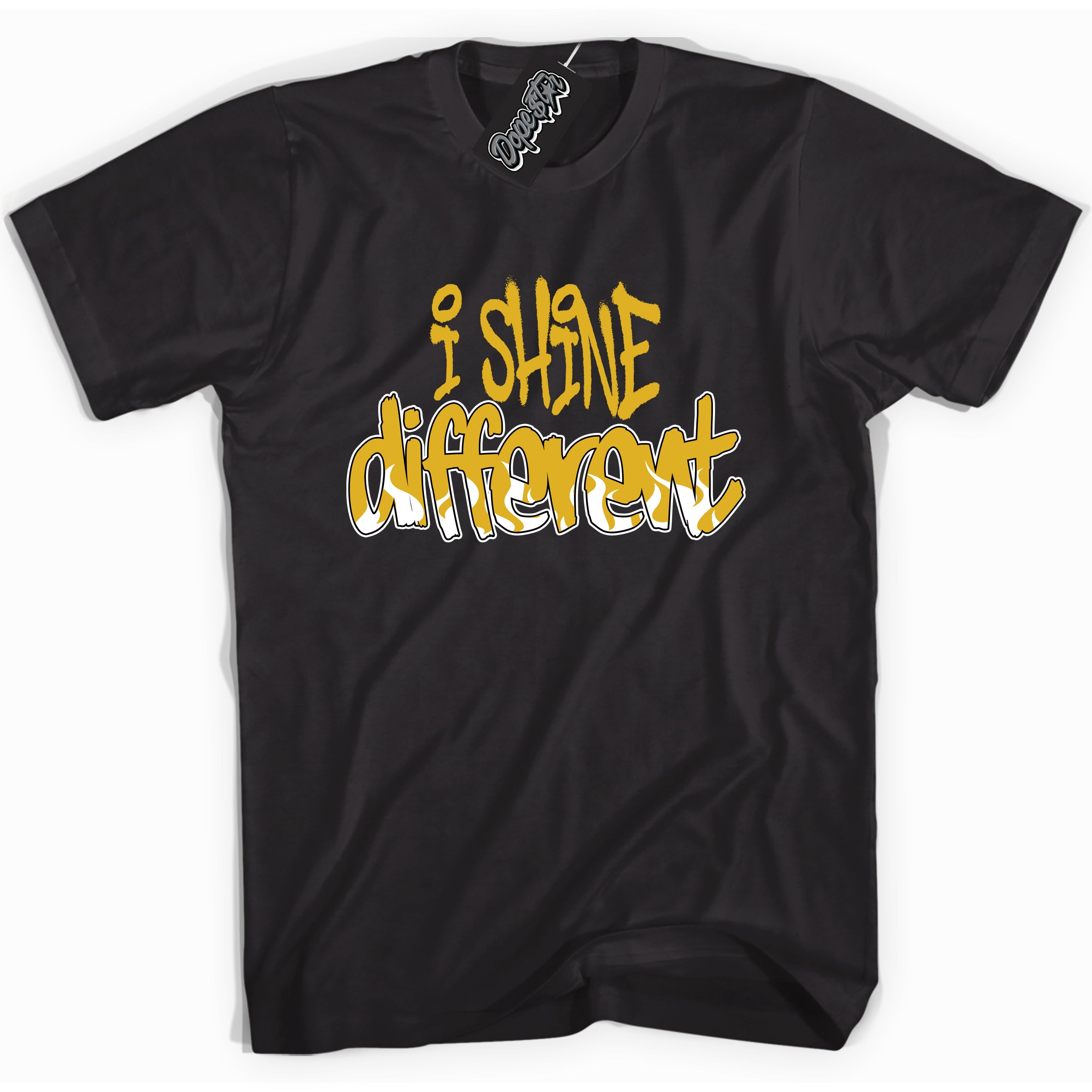Cool Black Shirt with “ I Shine Different ” design that perfectly matches Yellow Ochre 6s Sneakers.