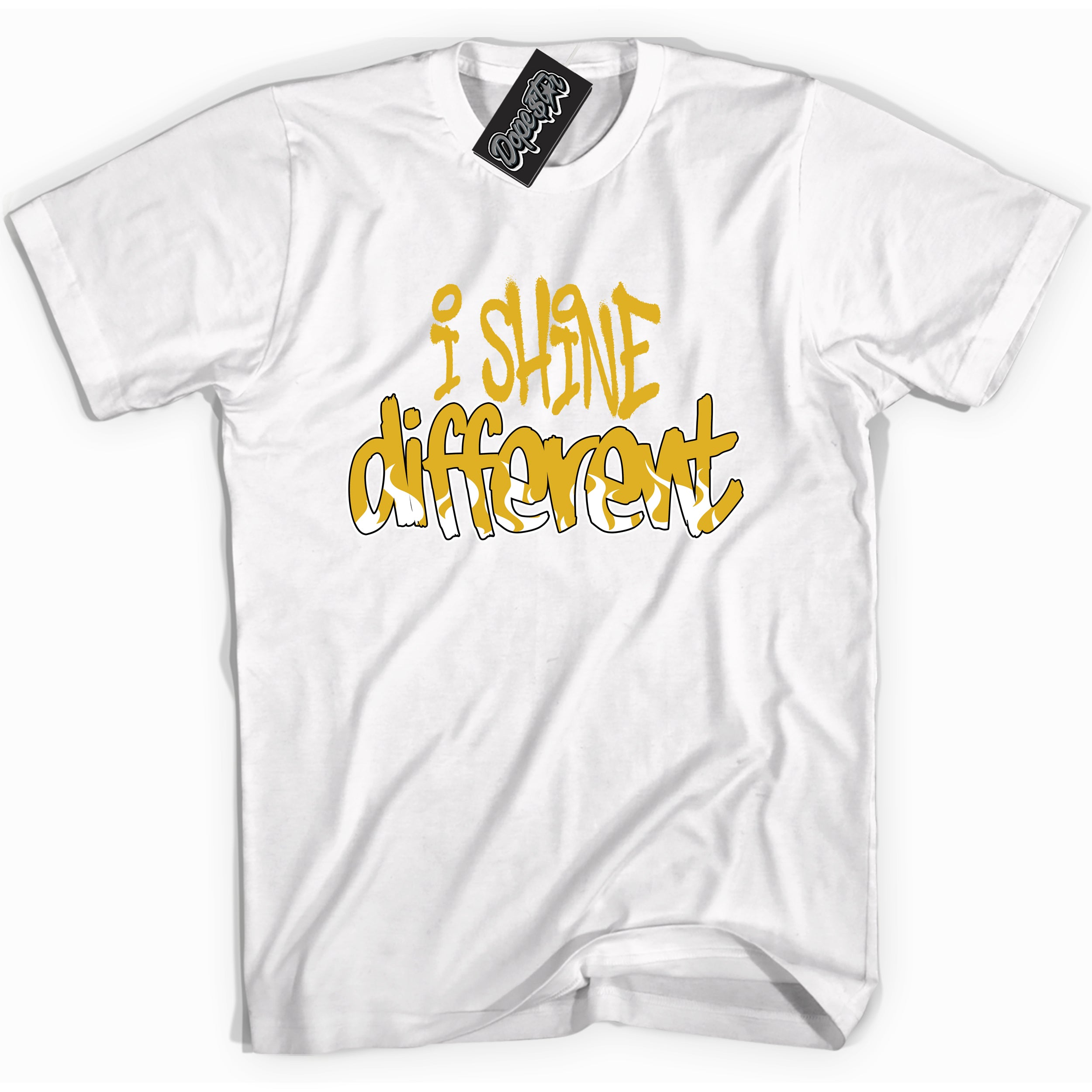 Cool White Shirt with “ I Shine Different” design that perfectly matches Yellow Ochre 6s Sneakers.