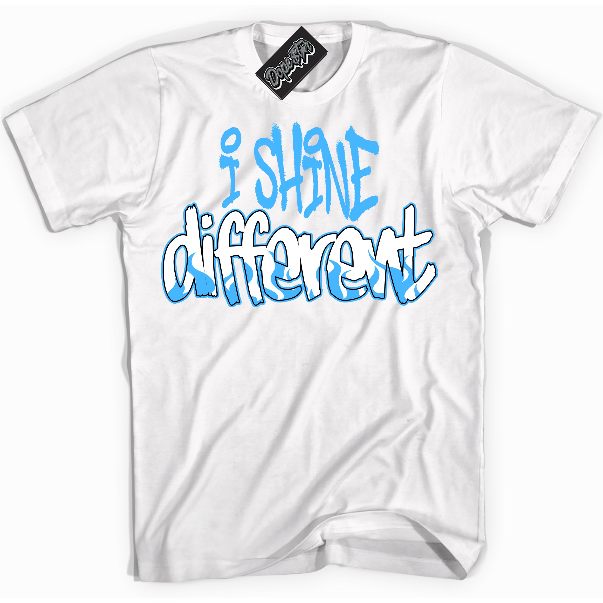 Cool White graphic tee with “ I Shine Different ” design, that perfectly matches Powder Blue 9s sneakers 