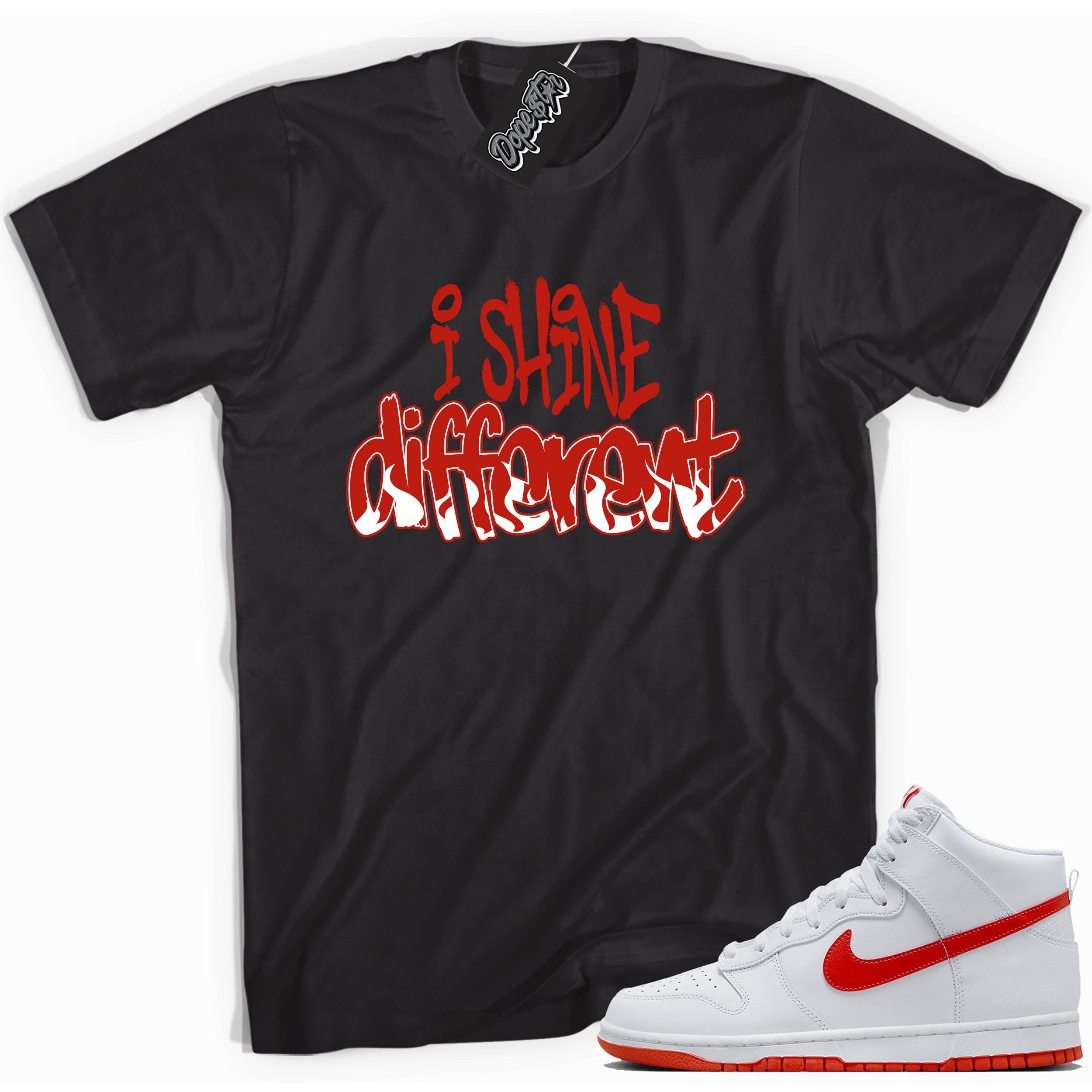 Cool black graphic tee with 'i shine different' print, that perfectly matches Nike Dunk High White Picante Red sneakers.