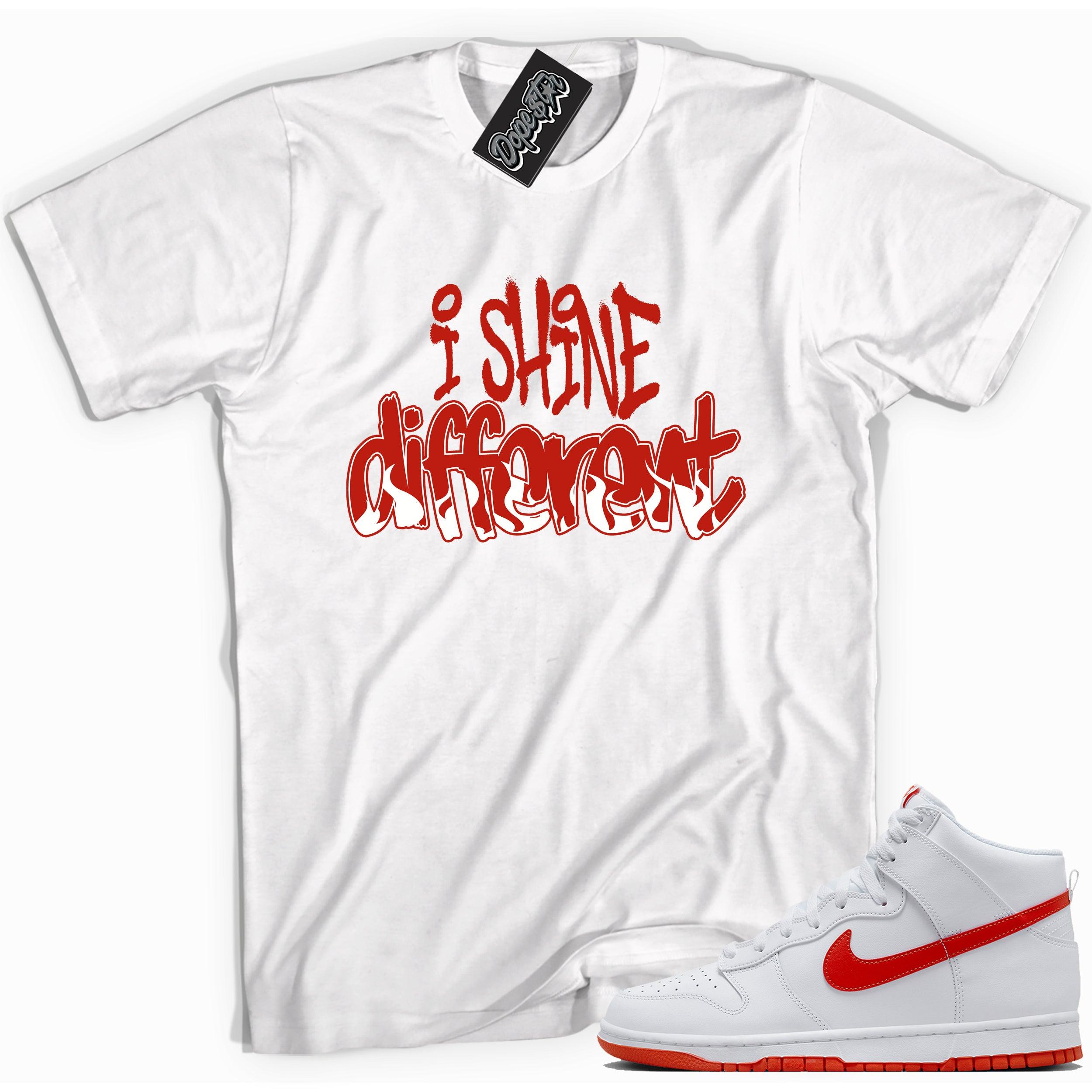 Cool white  graphic tee with 'i shine different' print, that perfectly matches Nike Dunk High White Picante Red sneakers.