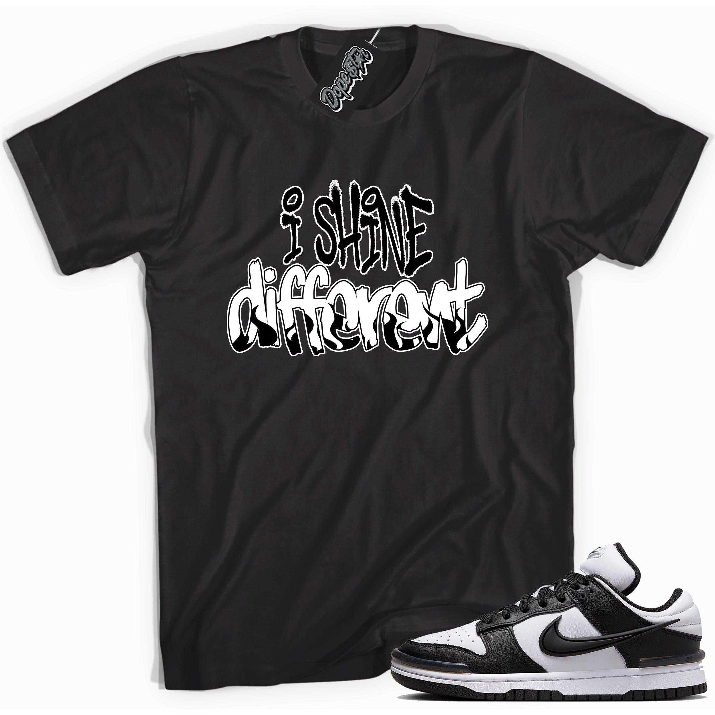 Cool black graphic tee with 'i shine different ' print, that perfectly matches Nike Dunk Low Twist Panda sneakers.
