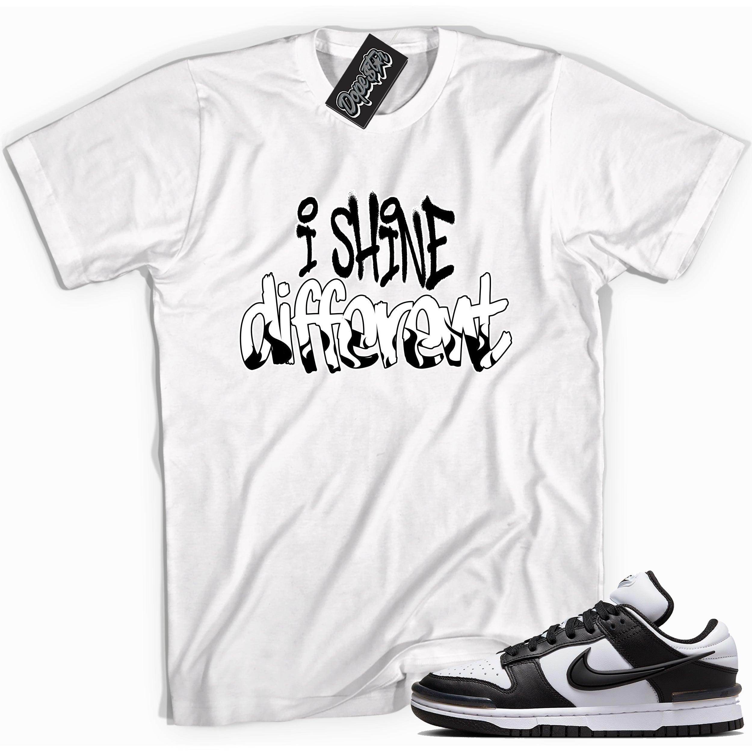 Cool white graphic tee with 'i shine different ' print, that perfectly matches Nike Dunk Low Twist Panda sneakers.