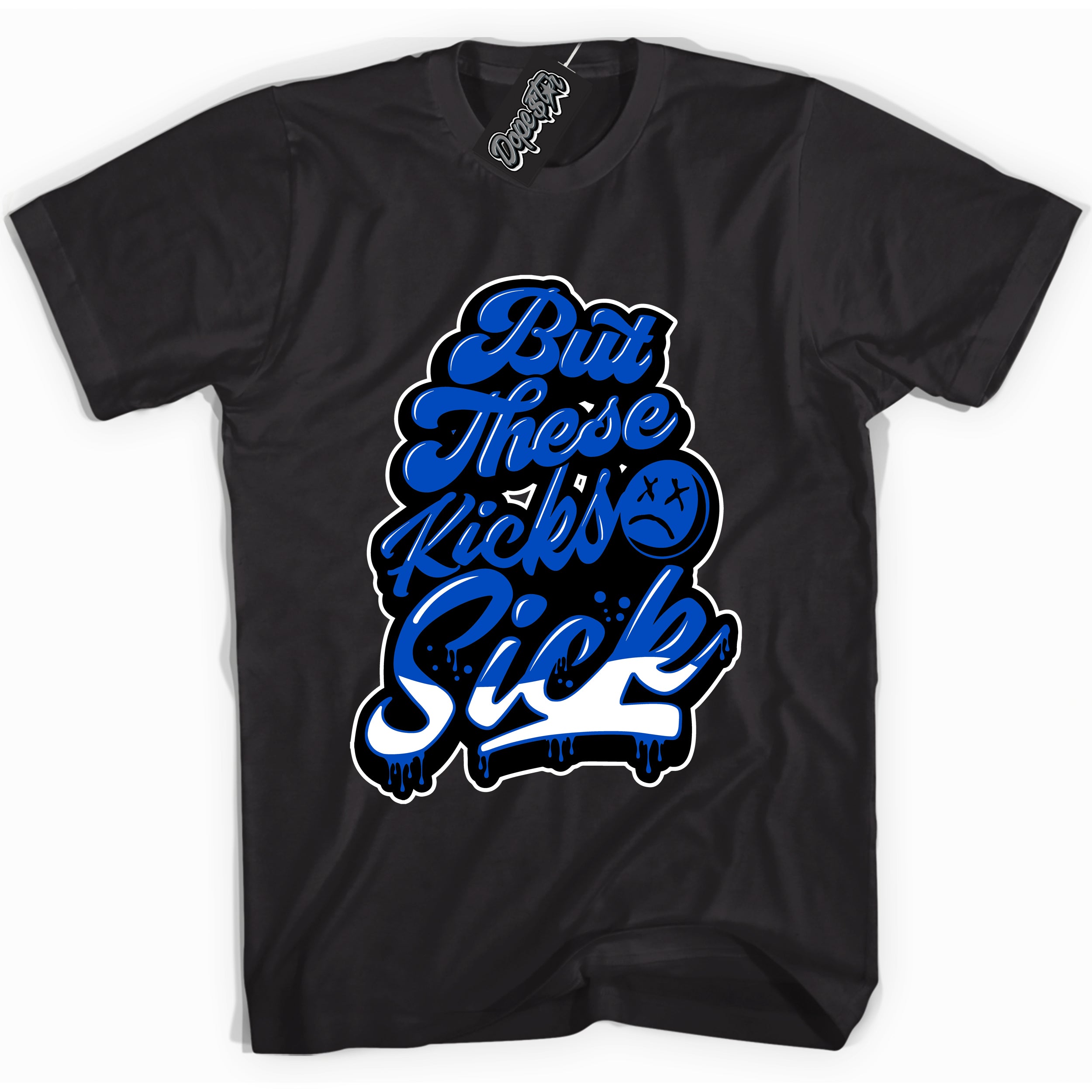 Cool Black graphic tee with Kick Sick print, that perfectly matches OG Royal Reimagined 1s sneakers 