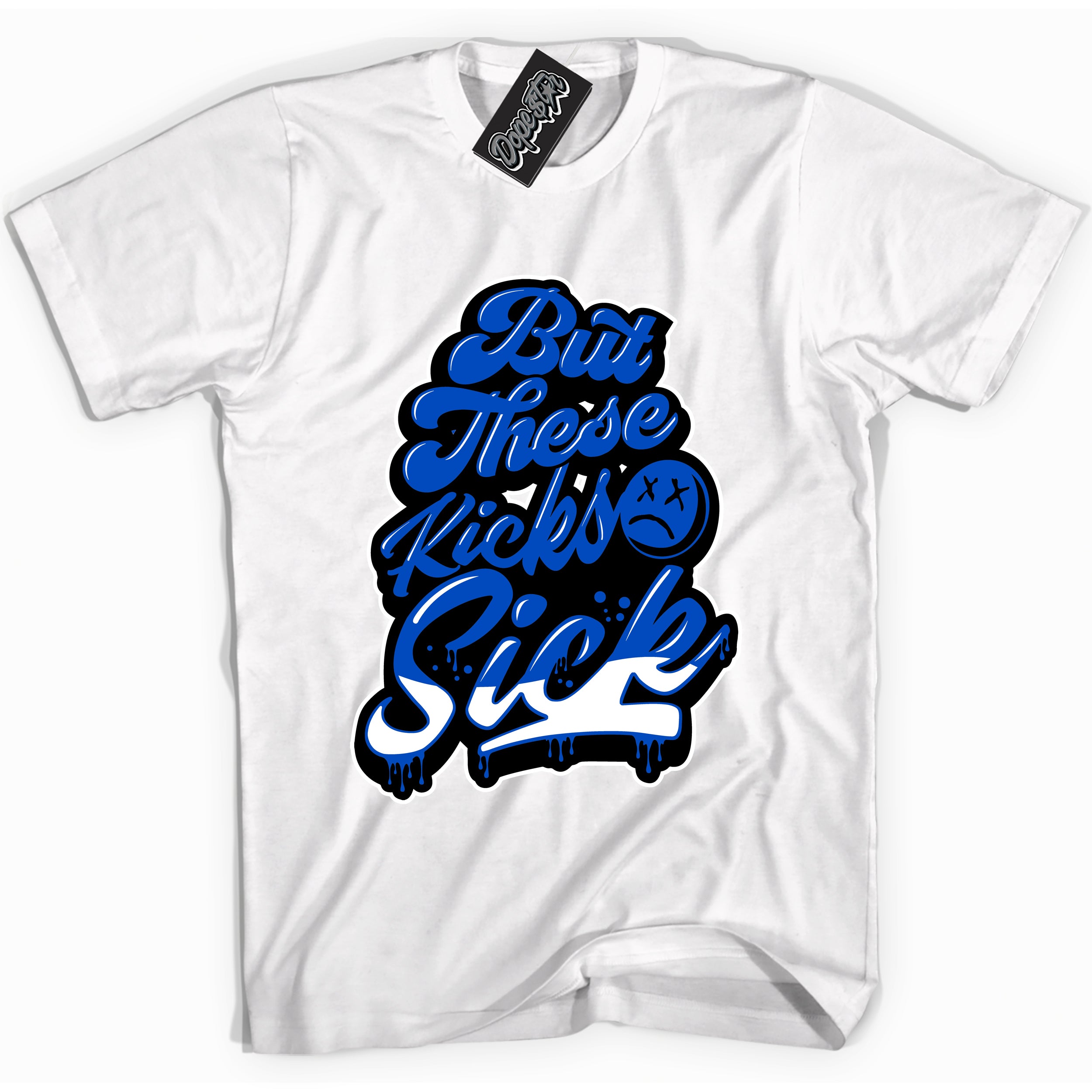 Cool White graphic tee with Kick Sick print, that perfectly matches OG Royal Reimagined 1s sneakers 