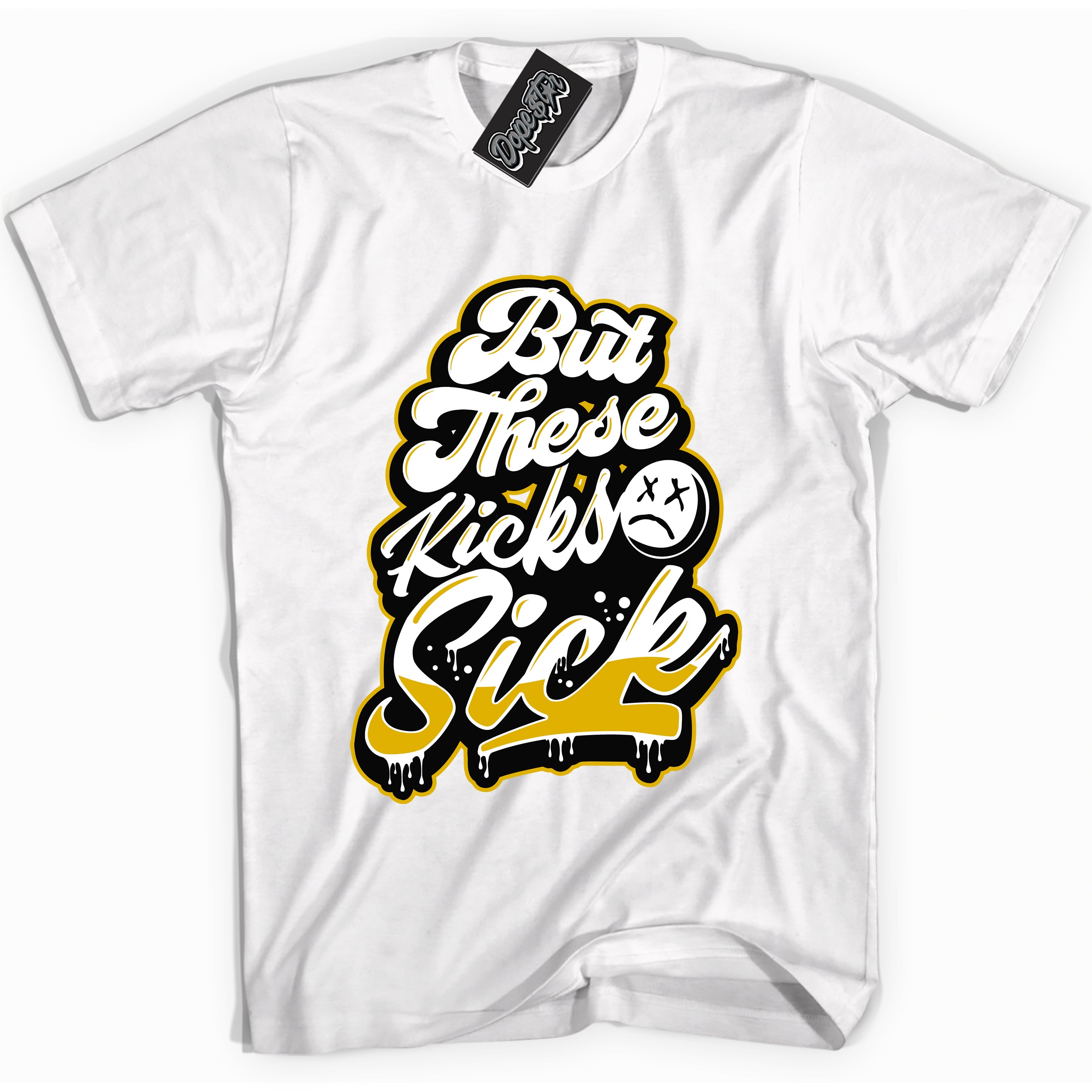 Cool White Shirt with “ Kick Sick” design that perfectly matches Yellow Ochre 6s Sneakers.