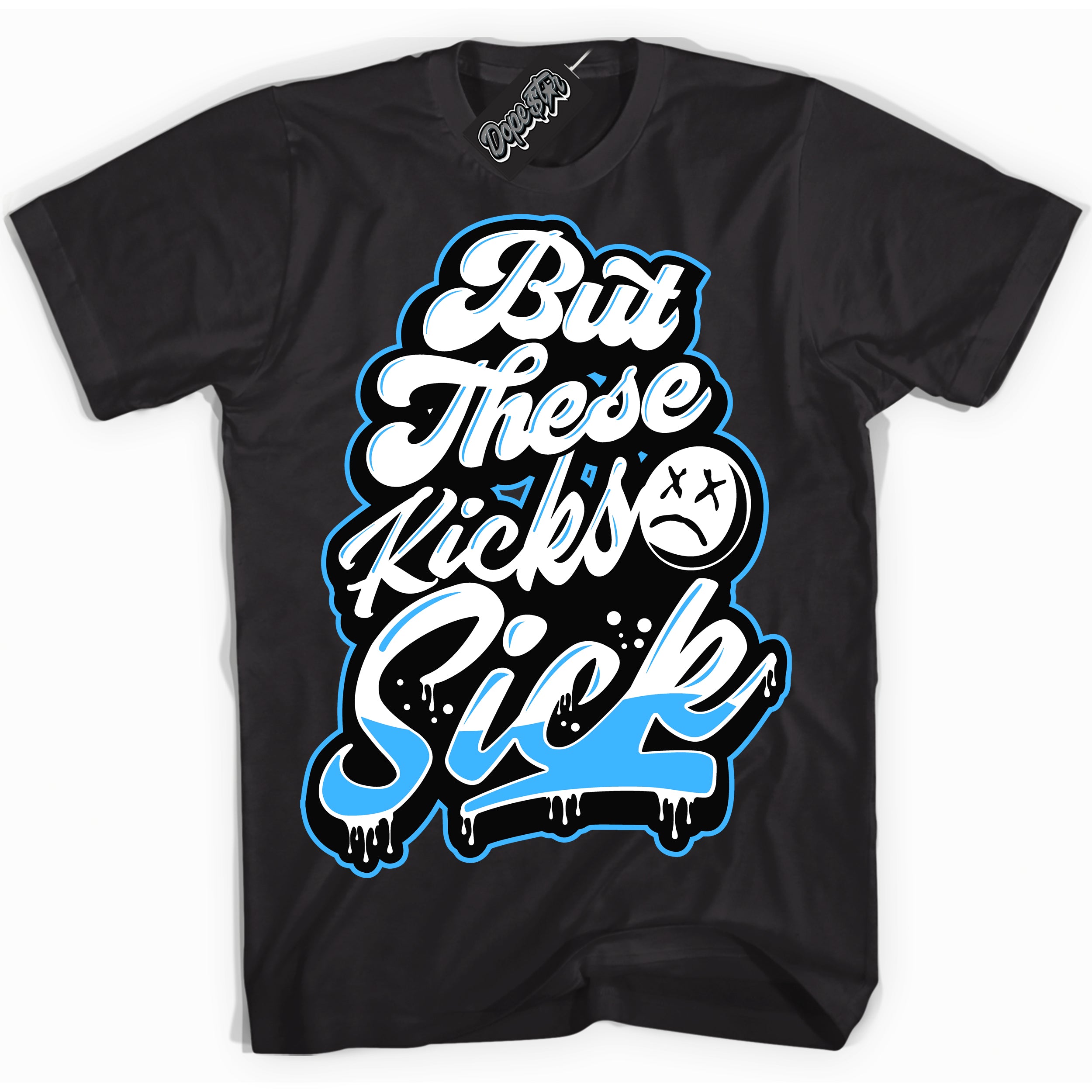 Cool Black graphic tee with “ Kick Sick ” design, that perfectly matches Powder Blue 9s sneakers 