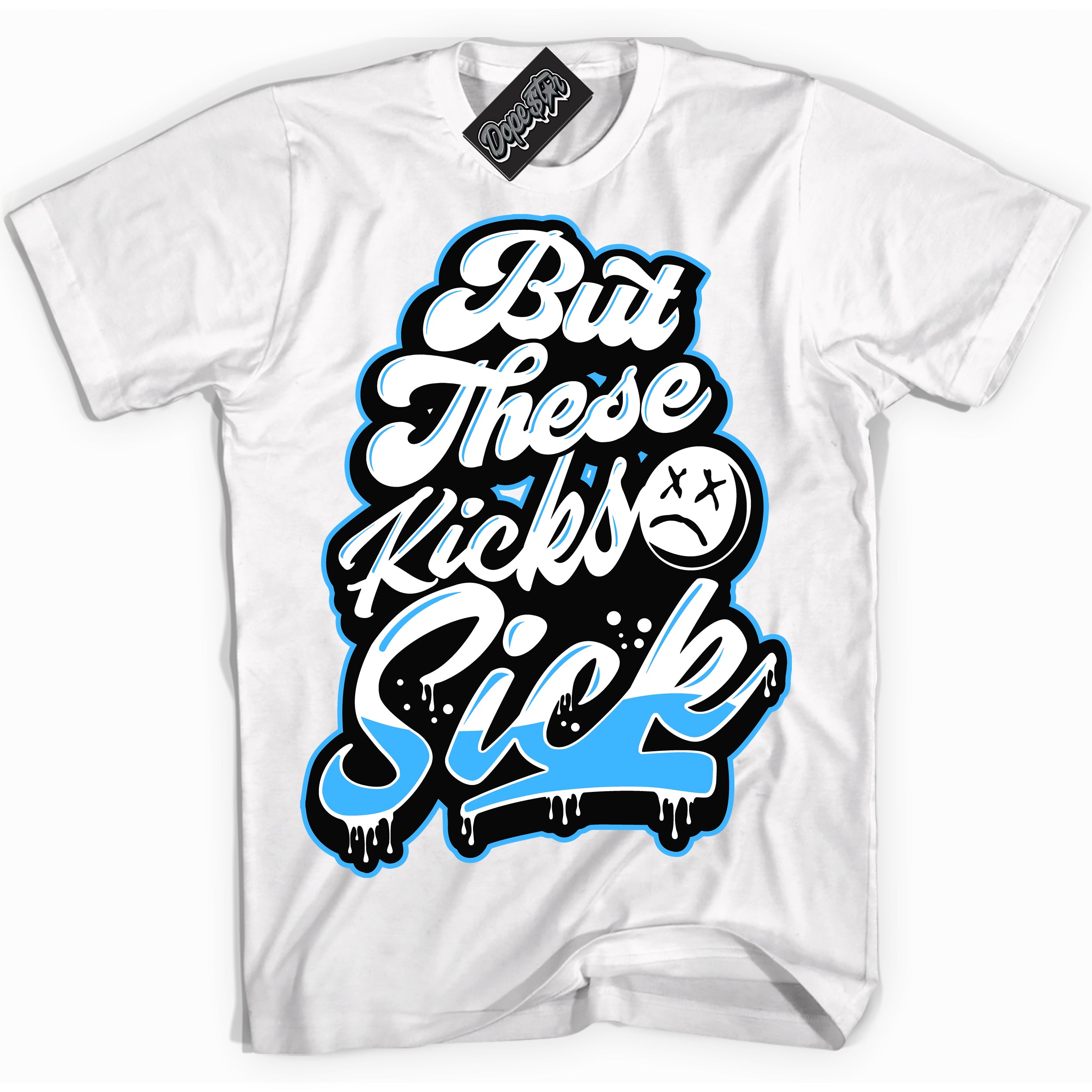 Cool White graphic tee with “ Kick Sick ” design, that perfectly matches Powder Blue 9s sneakers 