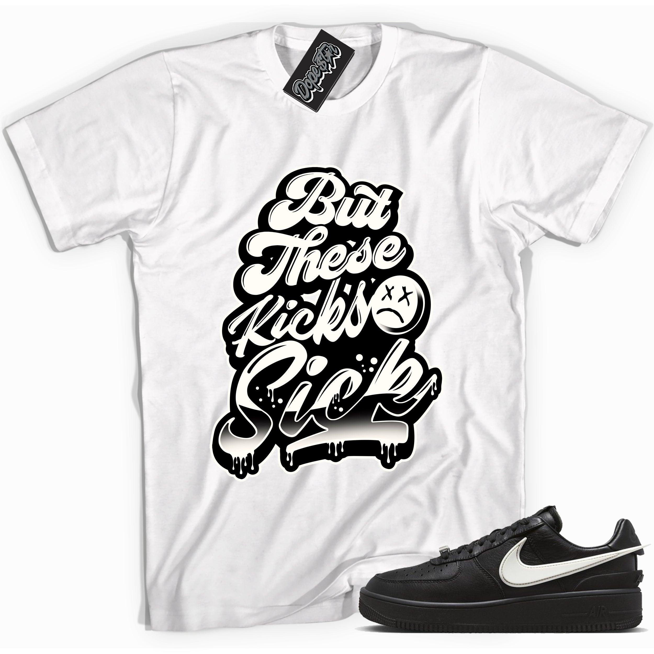 Cool white graphic tee with 'but these kicks sick' print, that perfectly matches Nike Air Force 1 Low SP Ambush Phantom sneakers.