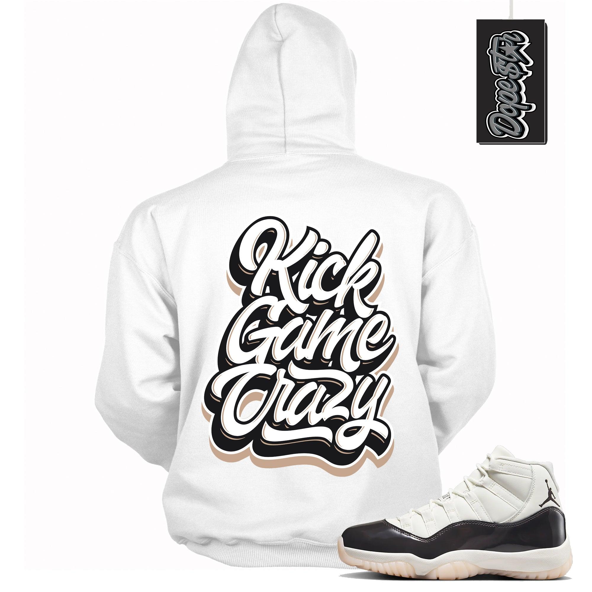 Cool White Graphic Hoodie with “ Kick Game Crazy “ print, that perfectly matches Air Jordan 11 Neapolitan sneakers