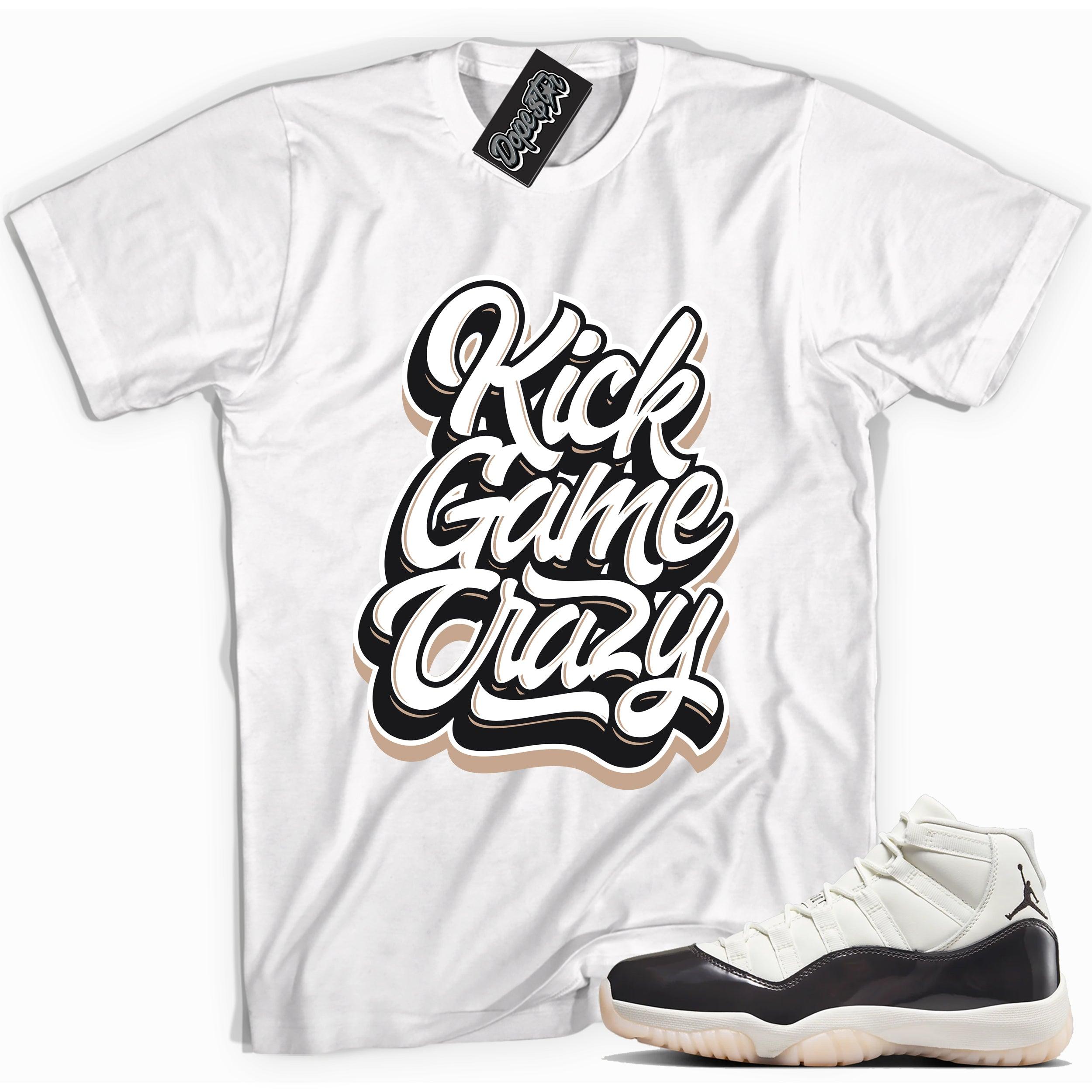 Cool White graphic tee with “ Kick Game Crazy ” print, that perfectly matches Air Jordan 11 Neapolitan sneakers 
