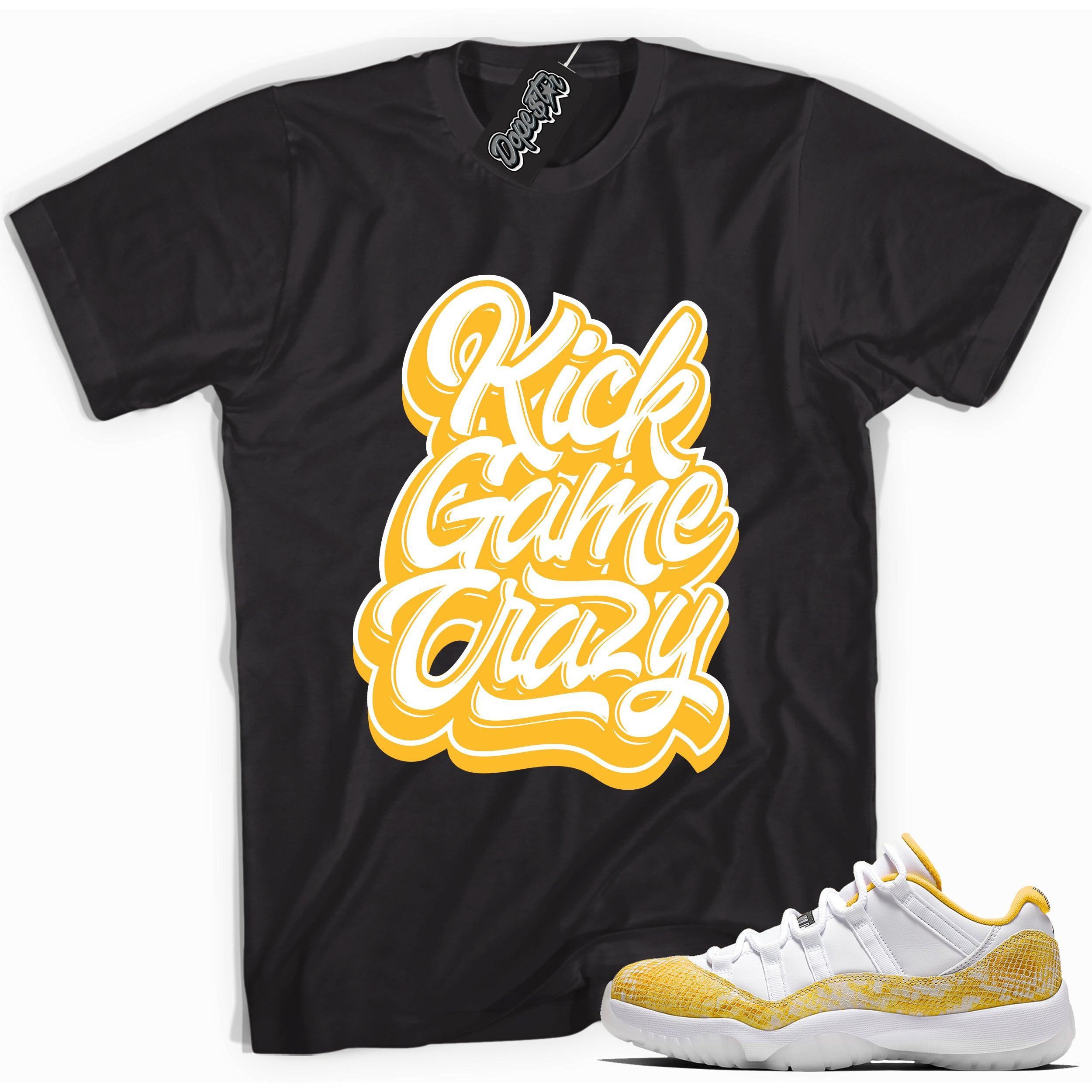 Cool black graphic tee with 'kick game crazy' print, that perfectly matches  Air Jordan 11 Low Yellow Snakeskin sneakers
