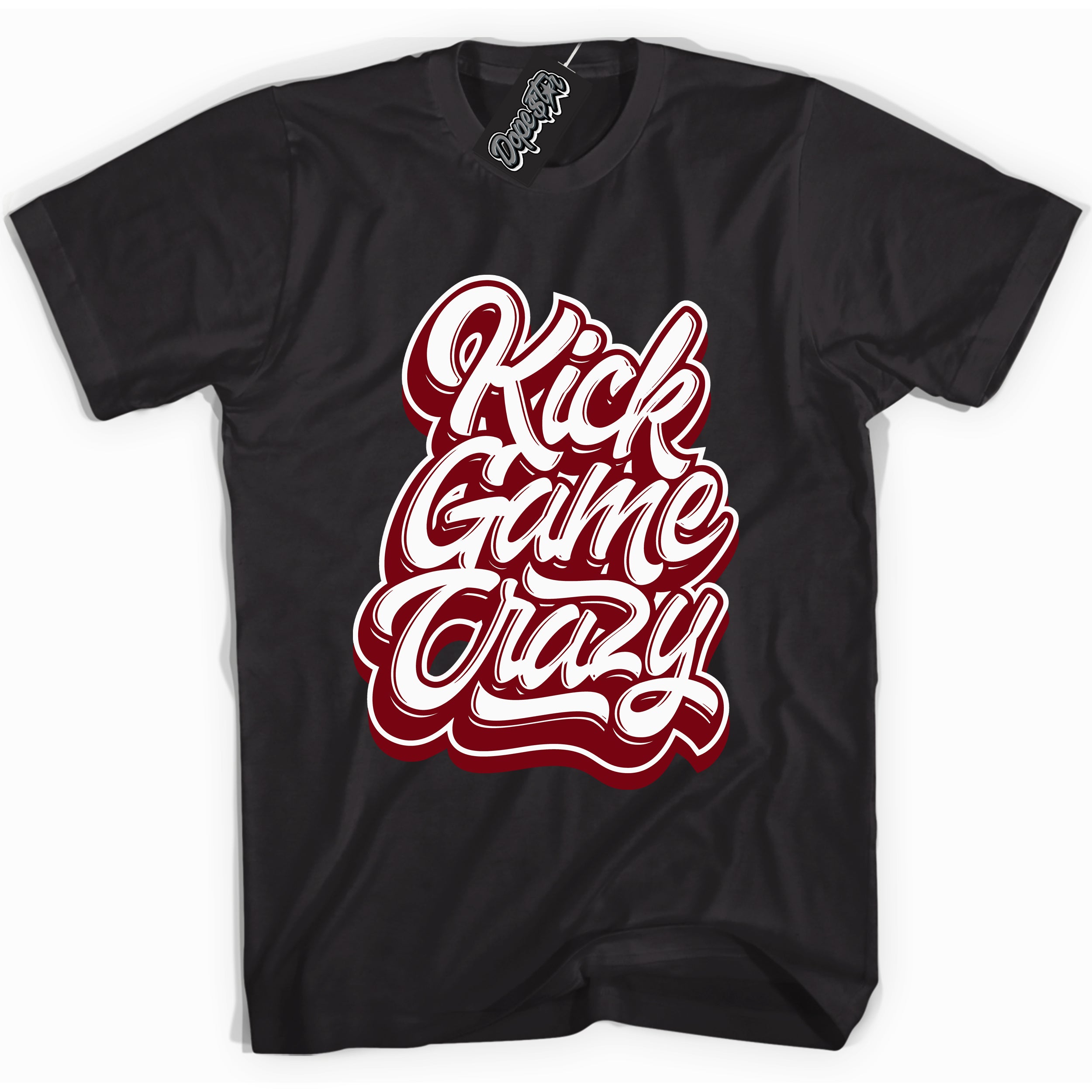 Cool Black graphic tee with “ Kick Game Crazy ” print, that perfectly matches OG Metallic Burgundy 1s sneakers 