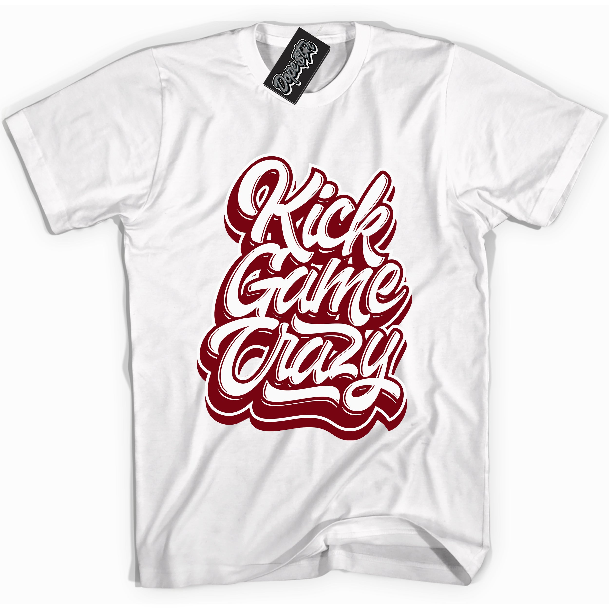 Cool White graphic tee with “ Kick Game Crazy ” print, that perfectly matches OG Metallic Burgundy 1s sneakers 