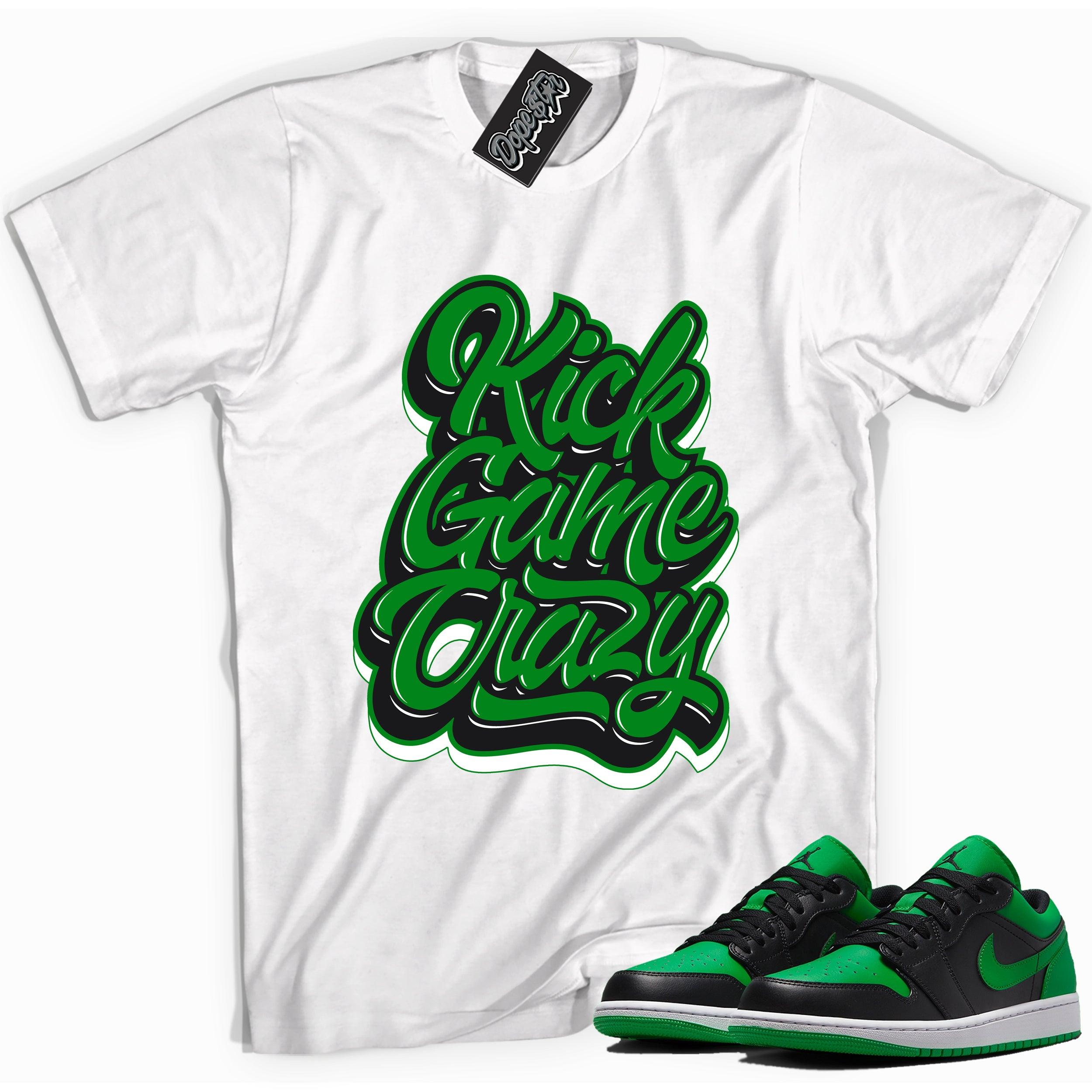 Cool white graphic tee with 'Kick Game Crazy' print, that perfectly matches Air Jordan 1 Low Lucky Green sneakers