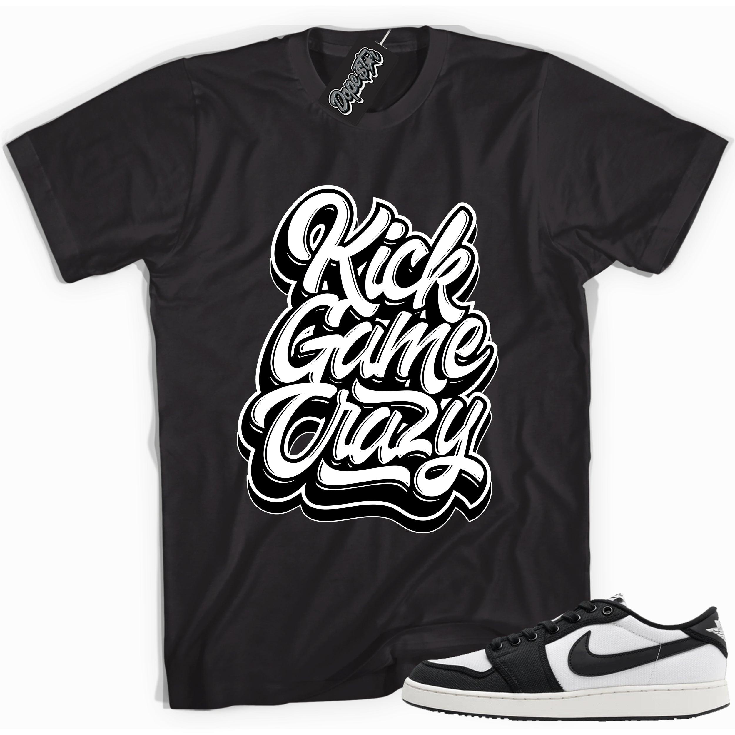 Cool black graphic tee with 'kick game crazy' print, that perfectly matches Air Jordan 1 Retro Ajko Low Black & White sneakers.