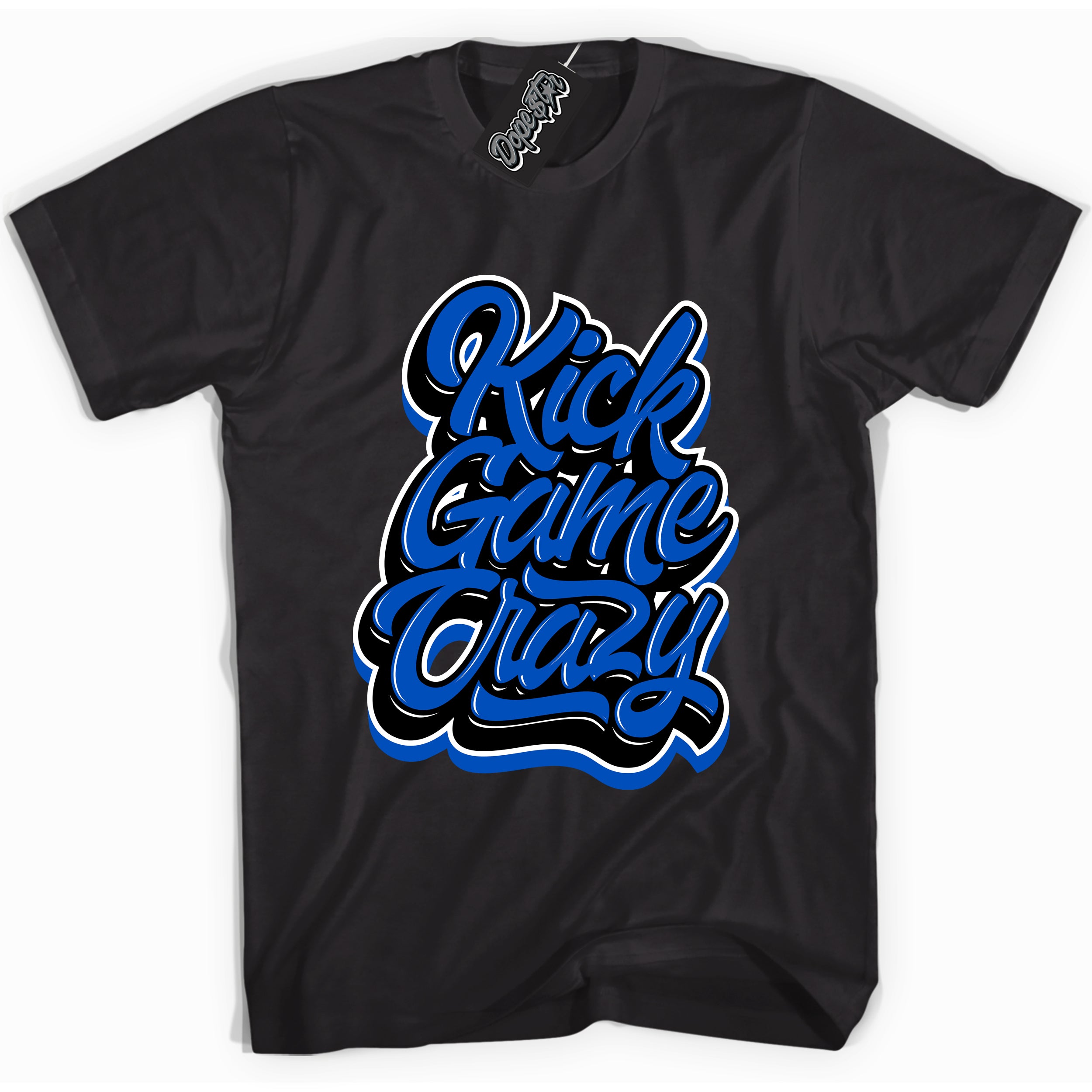 Cool Black graphic tee with "Kick Game Crazy" design, that perfectly matches Royal Reimagined 1s sneakers 