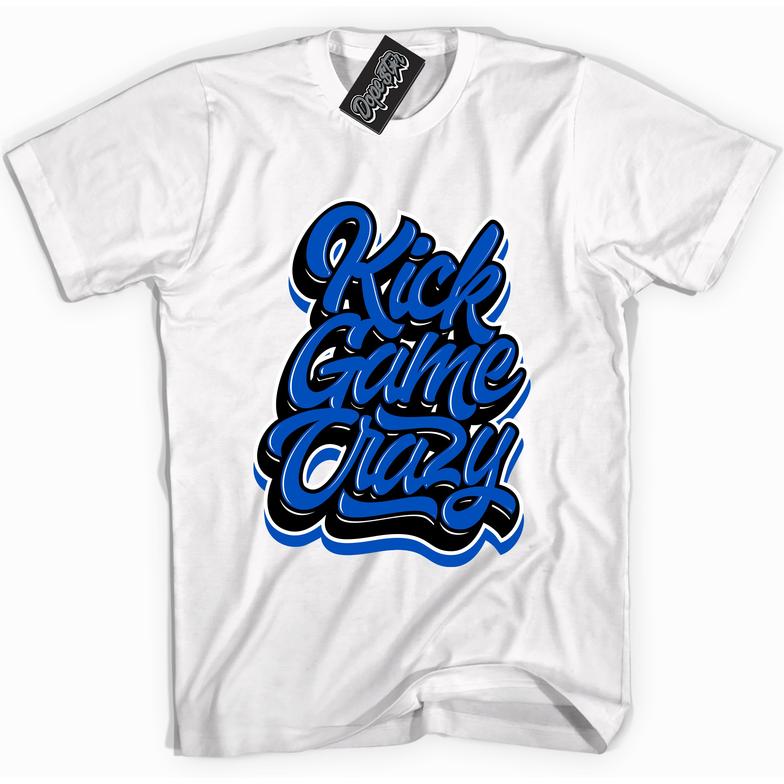 Cool White graphic tee with "Kick Game Crazy" design, that perfectly matches Royal Reimagined 1s sneakers 