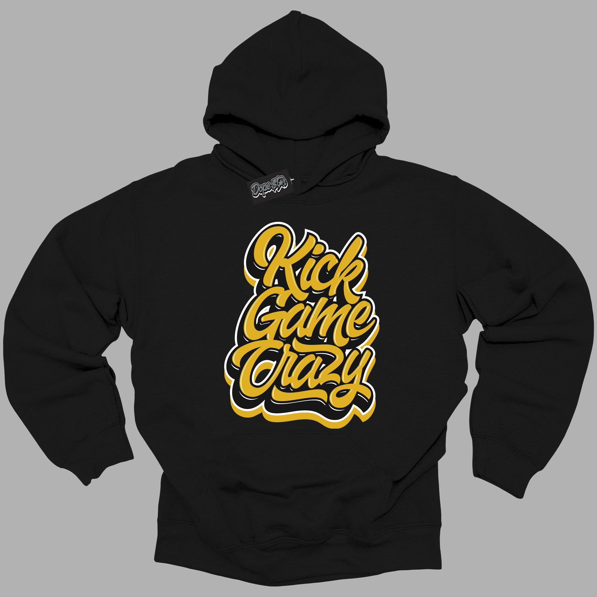 Cool Black Hoodie with “ Kick Game Crazy ”  design that Perfectly Matches Yellow Ochre 6s Sneakers.