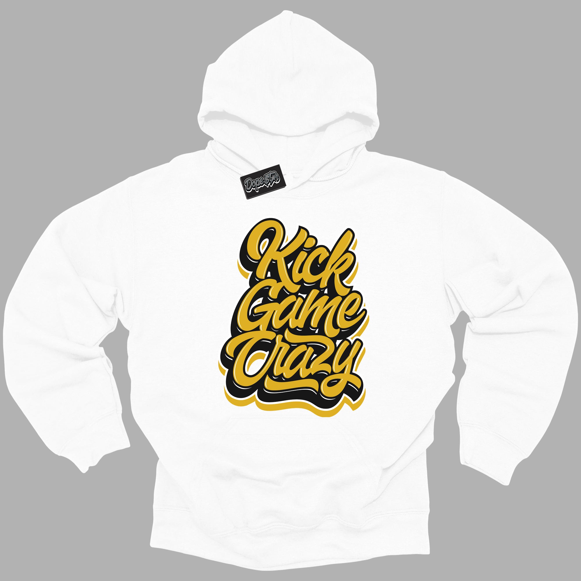 Cool White Hoodie with “ Kick Game Crazy ”  design that Perfectly Matches Yellow Ochre 6s Sneakers.