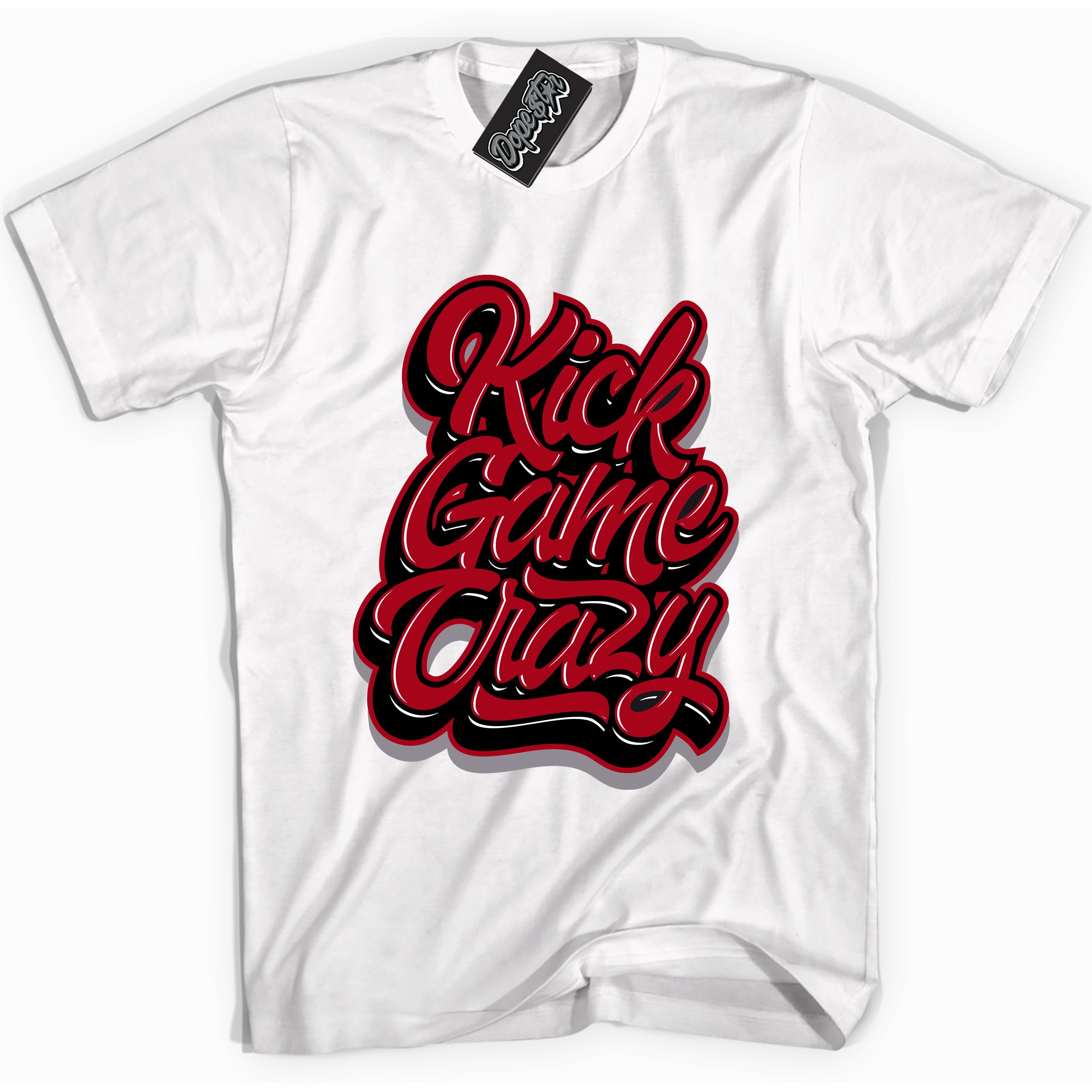 Cool White Shirt with “ Kick Game Crazy” design that perfectly matches Bred Reimagined 4s Jordans.