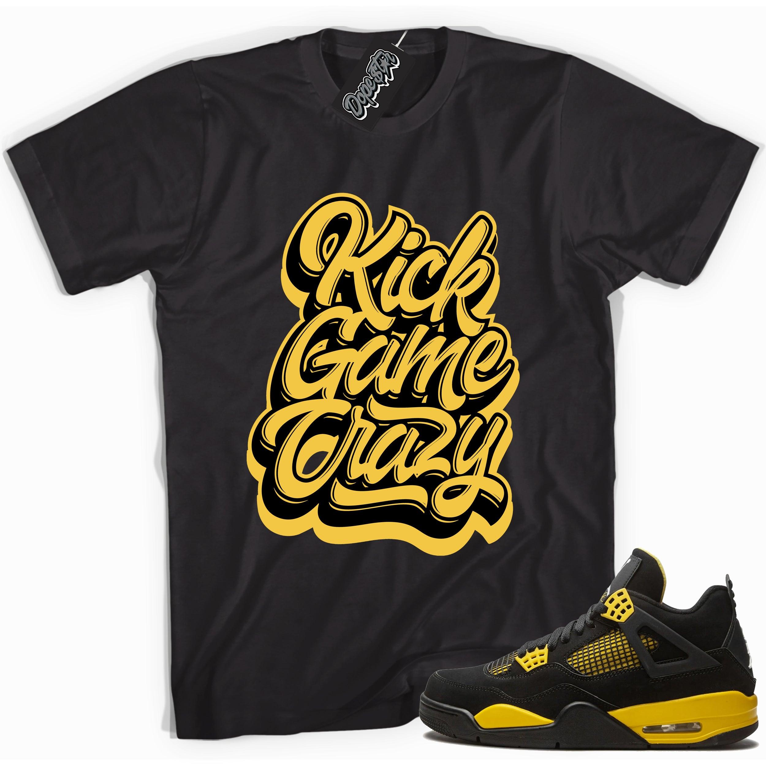Cool black graphic tee with 'kick game crazy' print, that perfectly matches  Air Jordan 4 Thunder sneakers