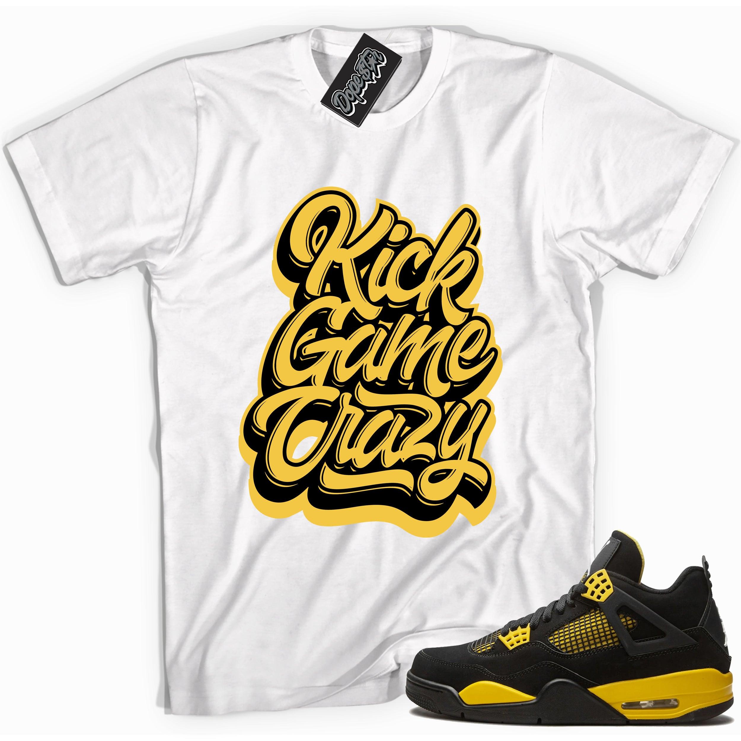 Cool white graphic tee with 'kick game crazy' print, that perfectly matches Air Jordan 4 Thunder sneakers