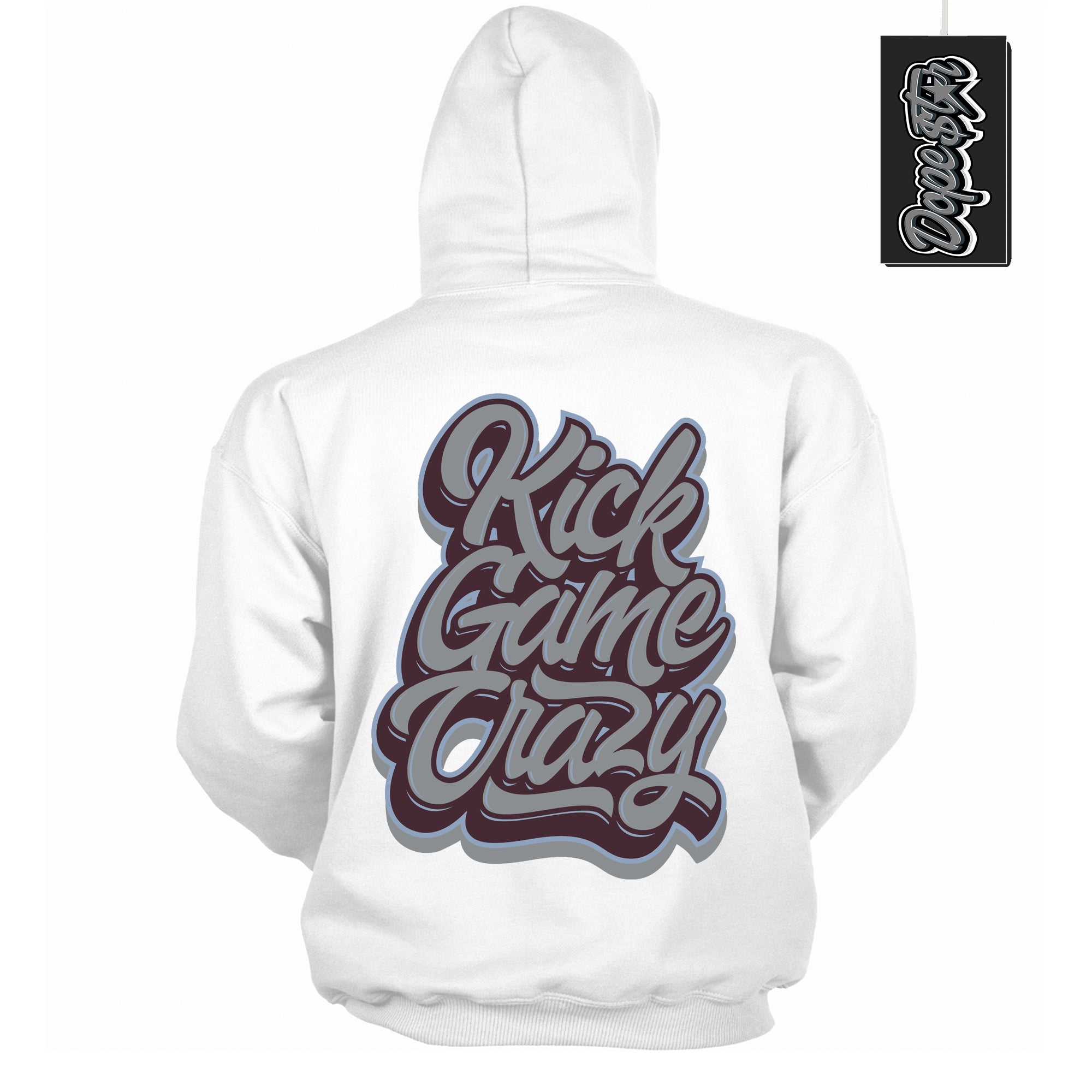 Cool White Hoodie with “ Kick Game Crazy ”  design that Perfectly Matches Burgundy 5s Sneakers.