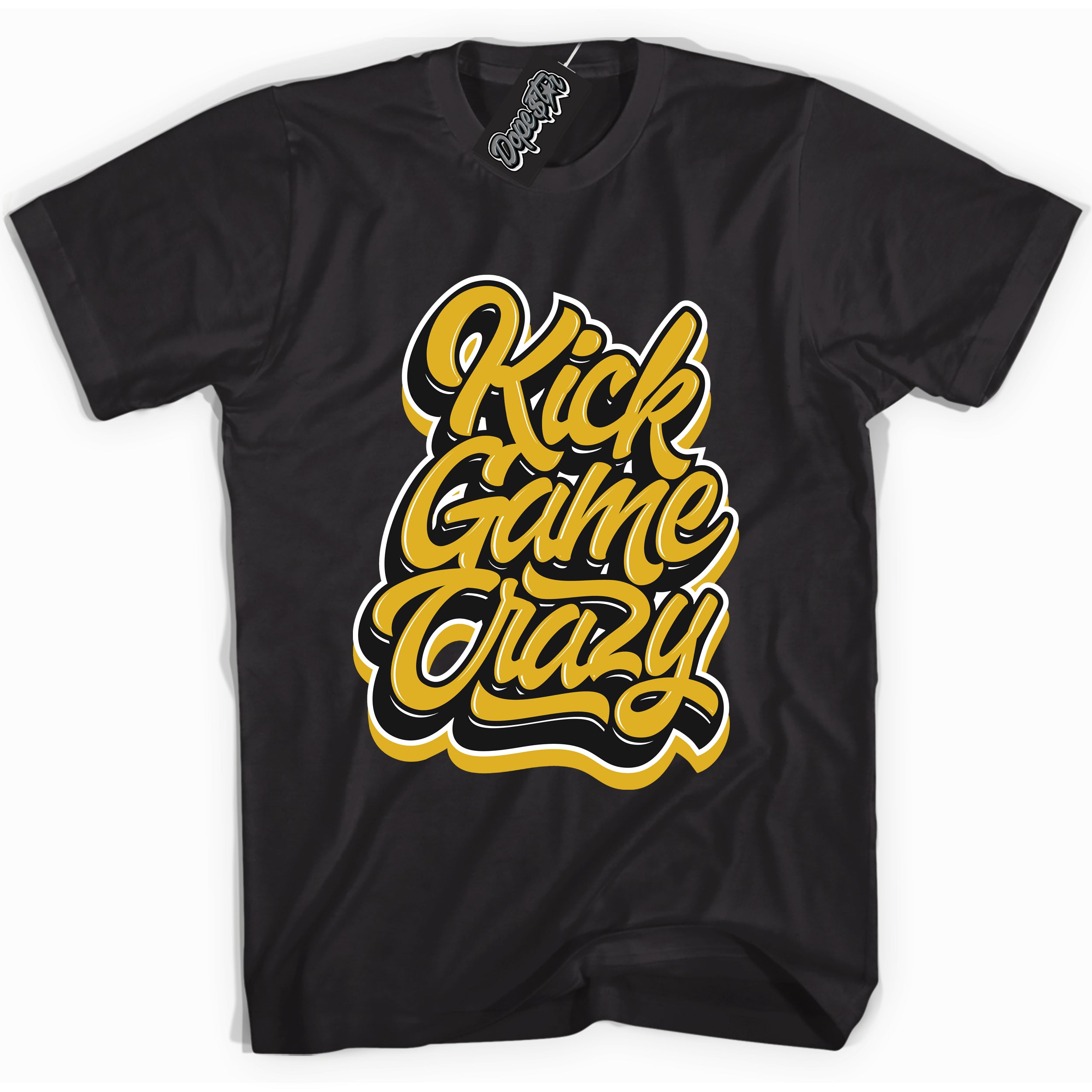 Cool Black Shirt with “ Kick Game Crazy ” design that perfectly matches Yellow Ochre 6s Sneakers.