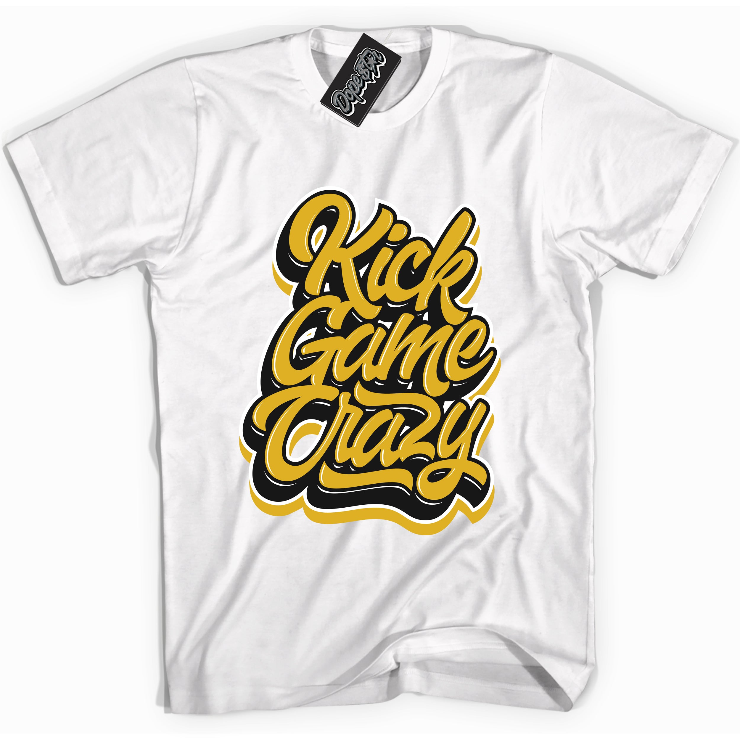 Cool White Shirt with “ Kick Game Crazy” design that perfectly matches Yellow Ochre 6s Sneakers.