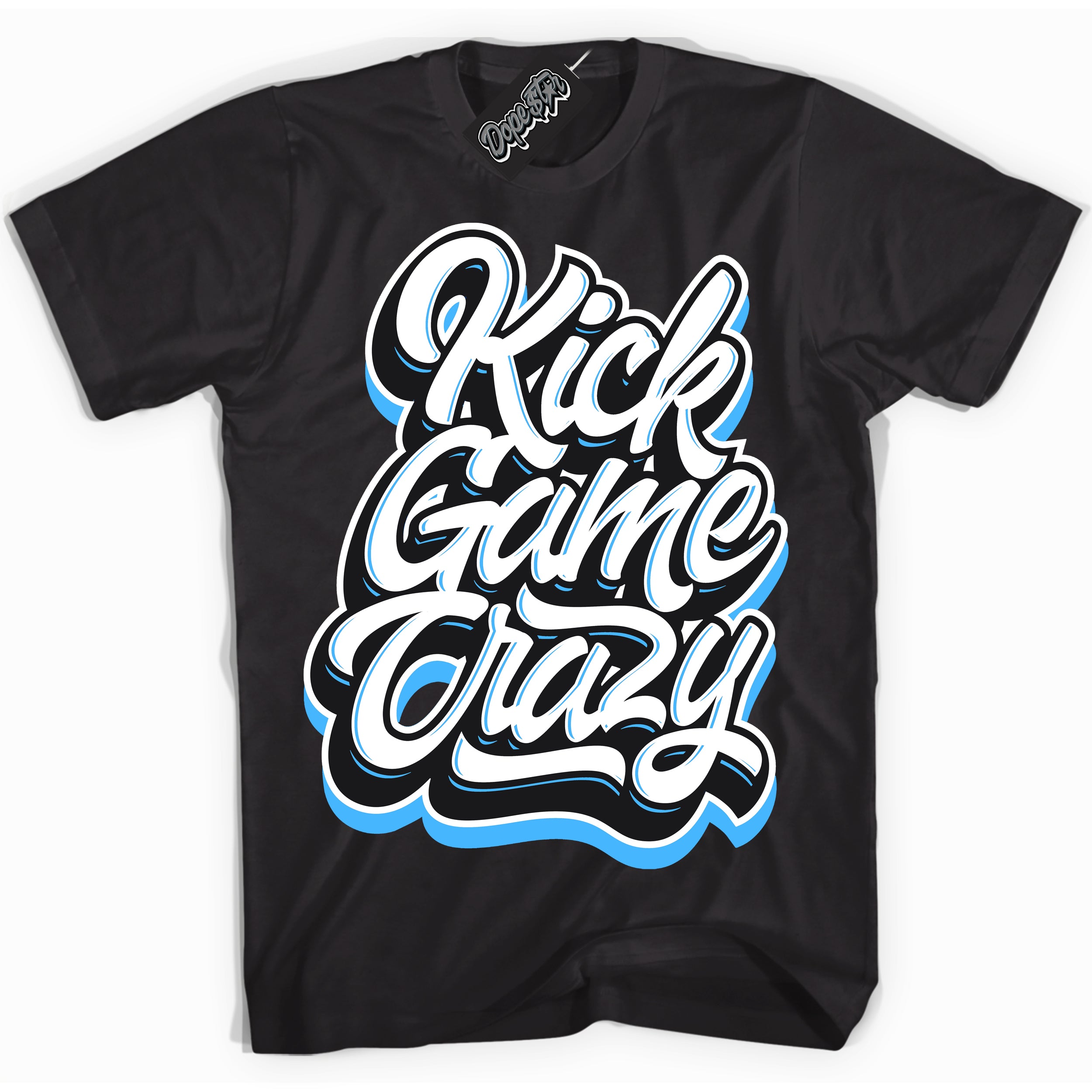 Cool Black graphic tee with “ Kick Game Crazy ” design, that perfectly matches Powder Blue 9s sneakers 