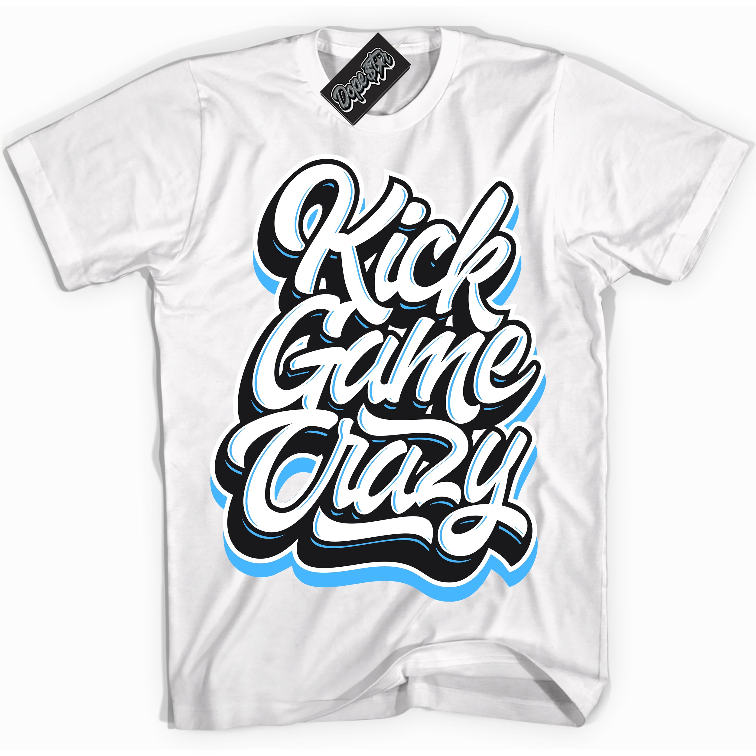 Cool White graphic tee with “ Kick Game Crazy ” design, that perfectly matches Powder Blue 9s sneakers 