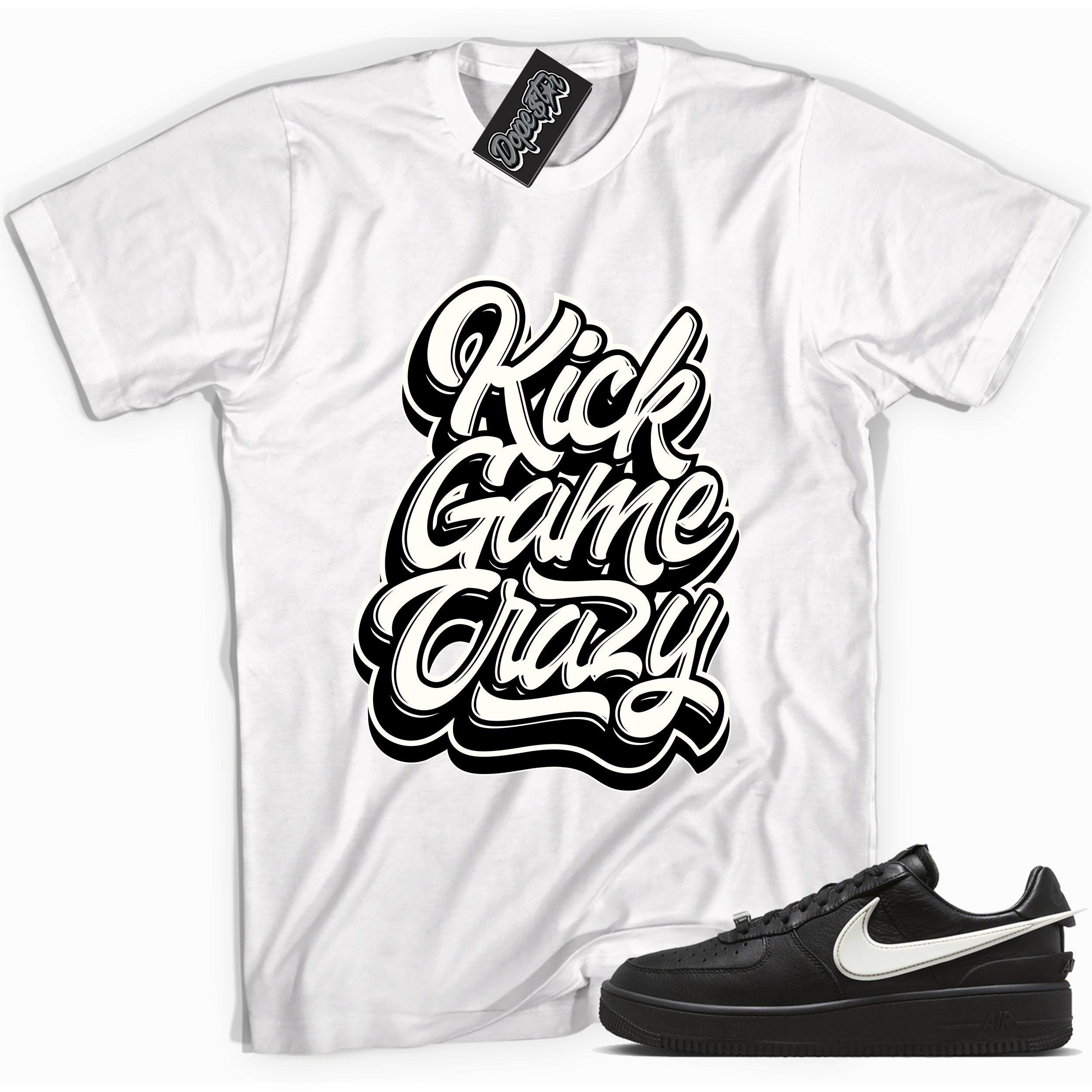 Cool white graphic tee with 'kick game crazy' print, that perfectly matches Nike Air Force 1 Low Ambush Phantom Blacksneakers