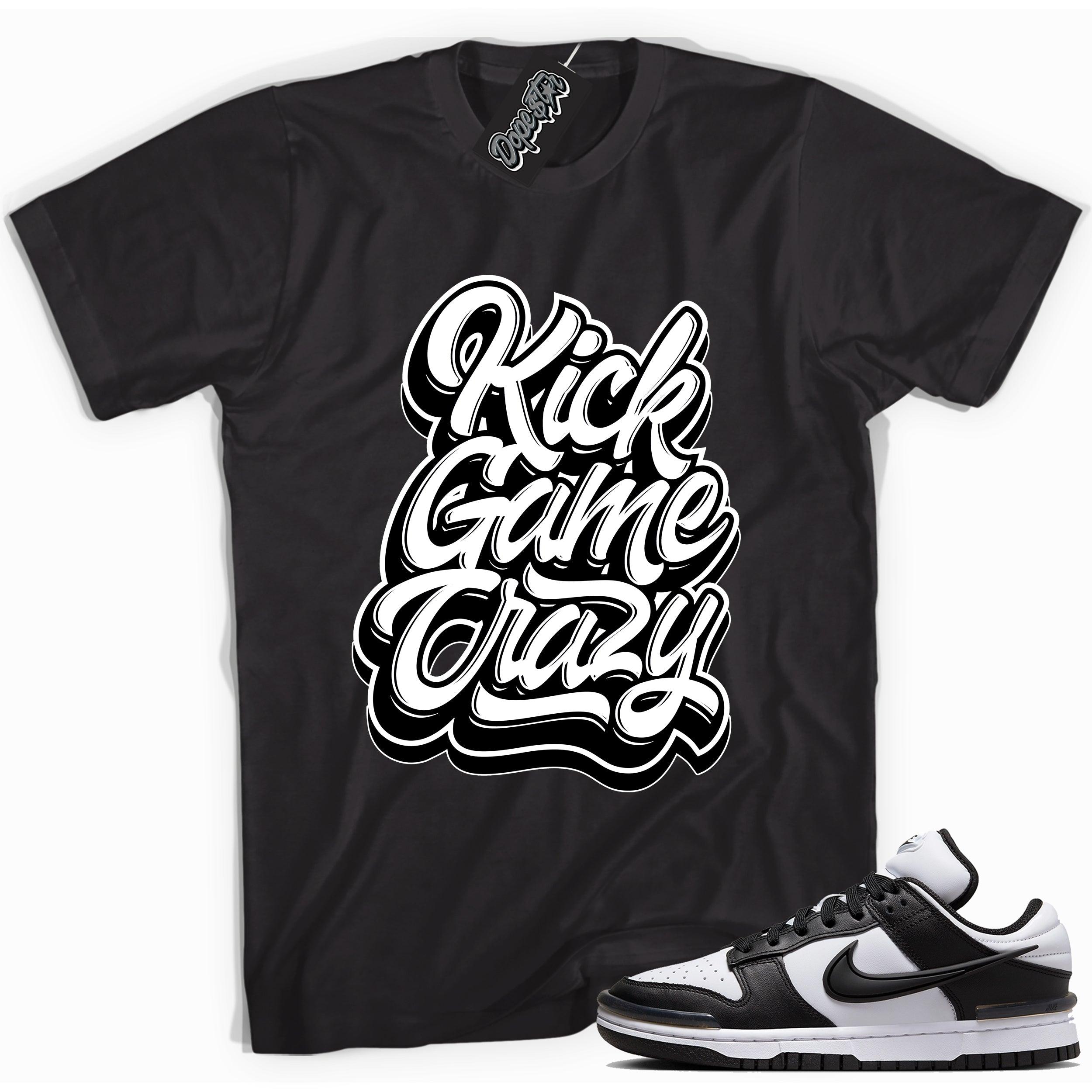 Cool black graphic tee with 'kick game crazy' print, that perfectly matches Nike Dunk Low Twist Panda sneakers.