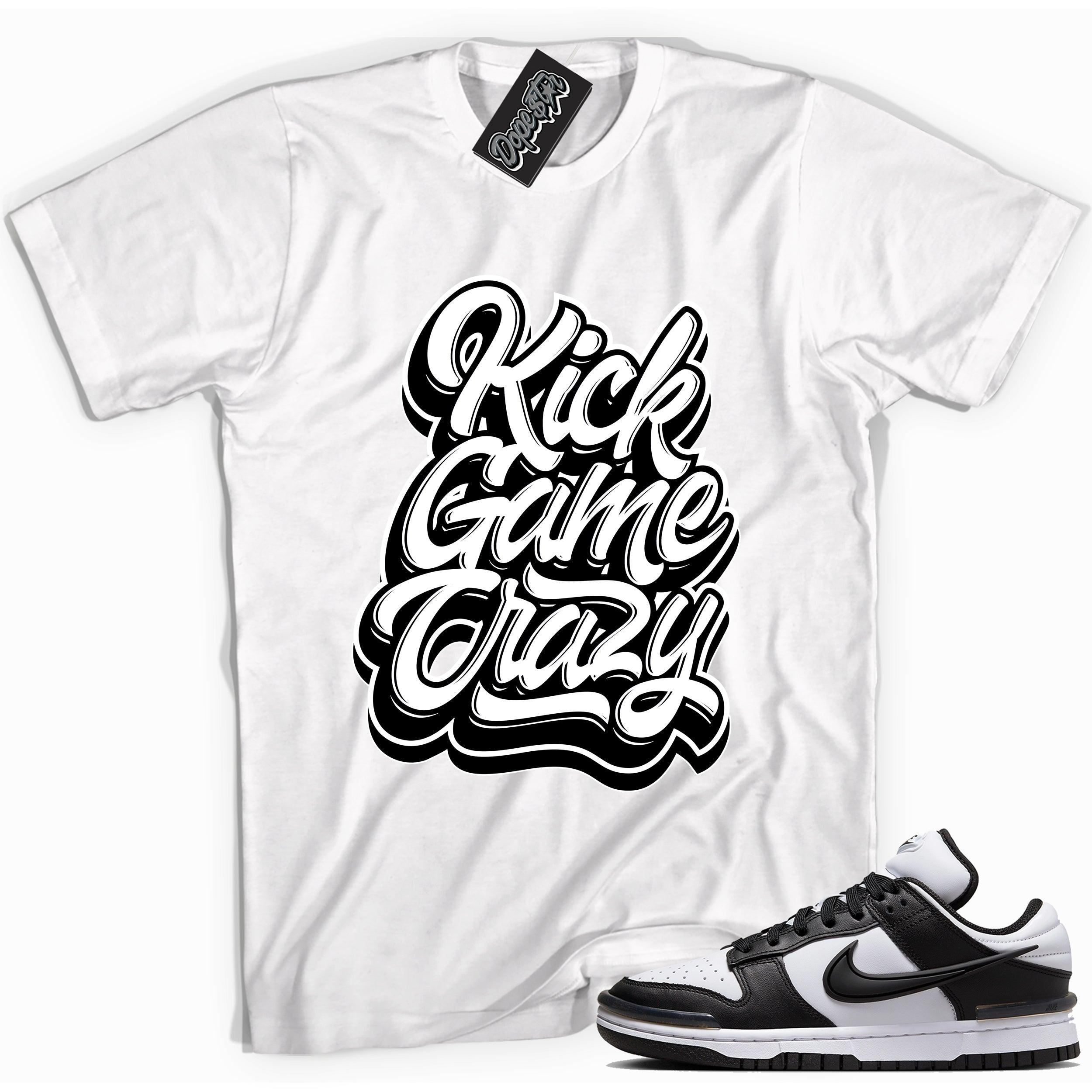 Cool white graphic tee with 'kick game crazy' print, that perfectly matches Nike Dunk Low Twist Panda sneakers.