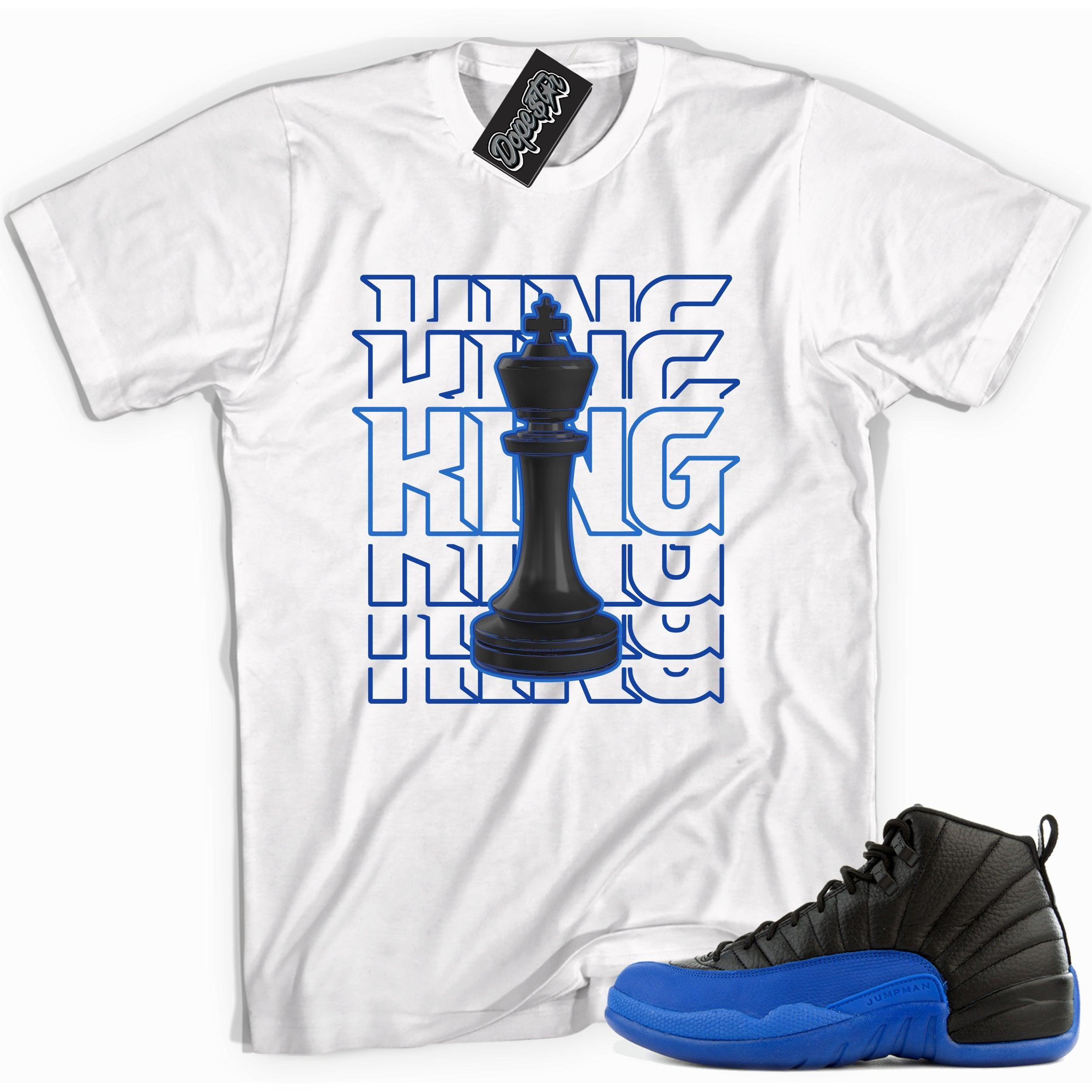 Cool white graphic tee with 'king' print, that perfectly matches Air Jordan 12 Retro Black Game Royal sneakers.