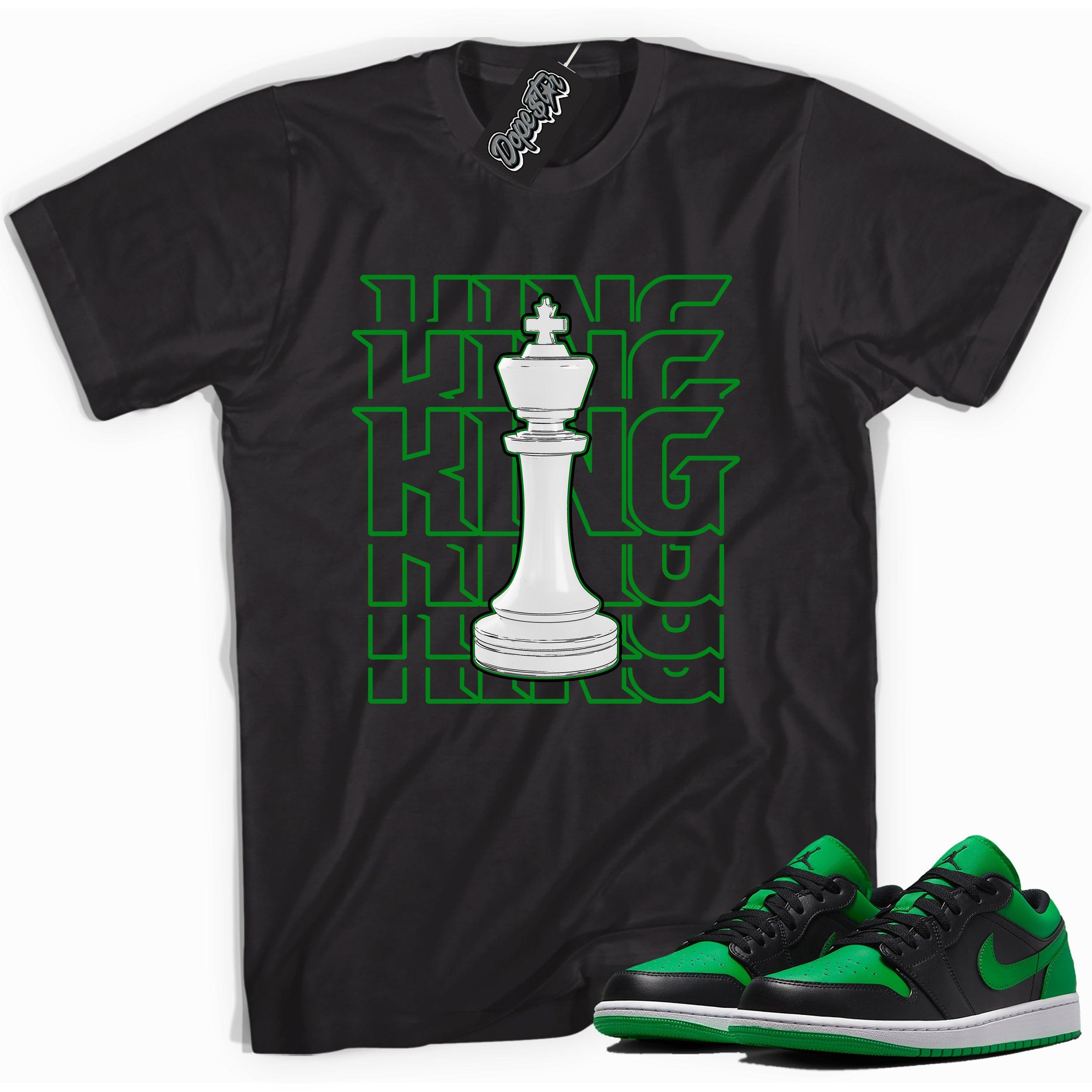 Cool black graphic tee with 'King' print, that perfectly matches Air Jordan 1 Low Lucky Green sneakers